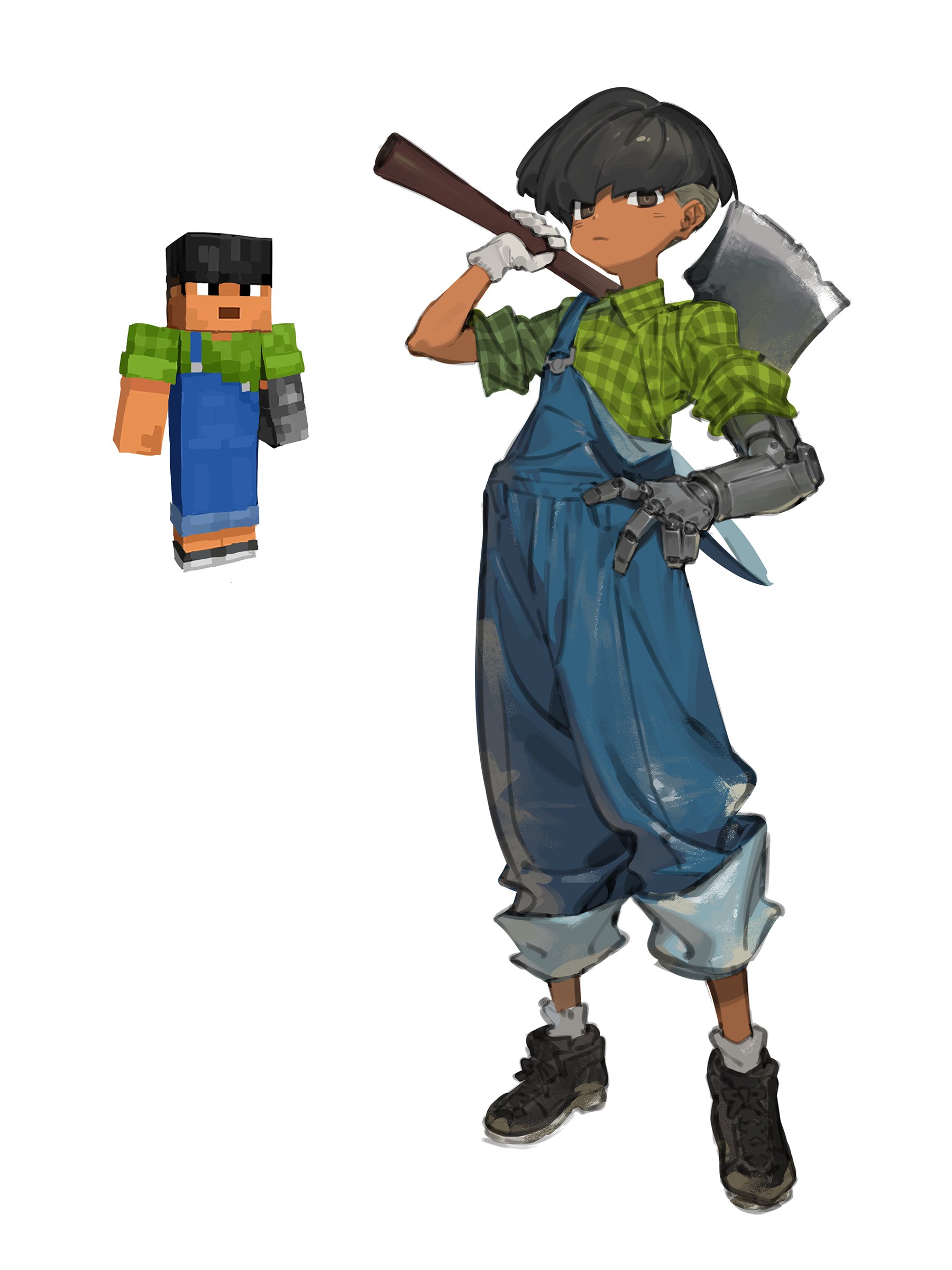 amrkdrw, sunny (minecraft), minecraft, absurdres, commentary, highres, 1other, androgynous, axe, black eyes, black hair, black shoes, blue overalls, bowl cut, buzz cut, dark skin, dress shirt, expressionless, full body, gloves, green shirt, hand on own hip, holding, holding axe, holding weapon, looking at viewer, mechanical arms, overalls, plaid clothes, plaid shirt, reference inset, shirt, shoes, shop, short hair, simple background, single mechanical arm, standing, strap slip, very short hair, weapon, weapon shop, white background, white gloves