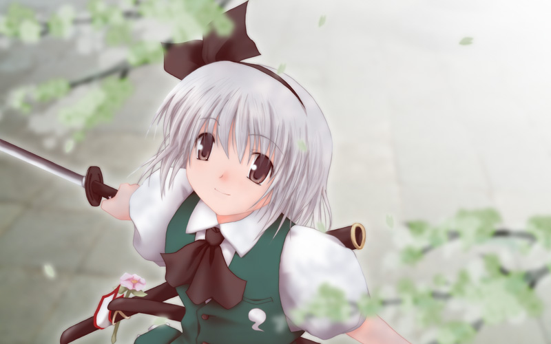 makkuroh (yoh-ku), konpaku youmu, touhou, tagme, 1girl, female focus, katana, nature, plant, solo, sword, upper body, weapon