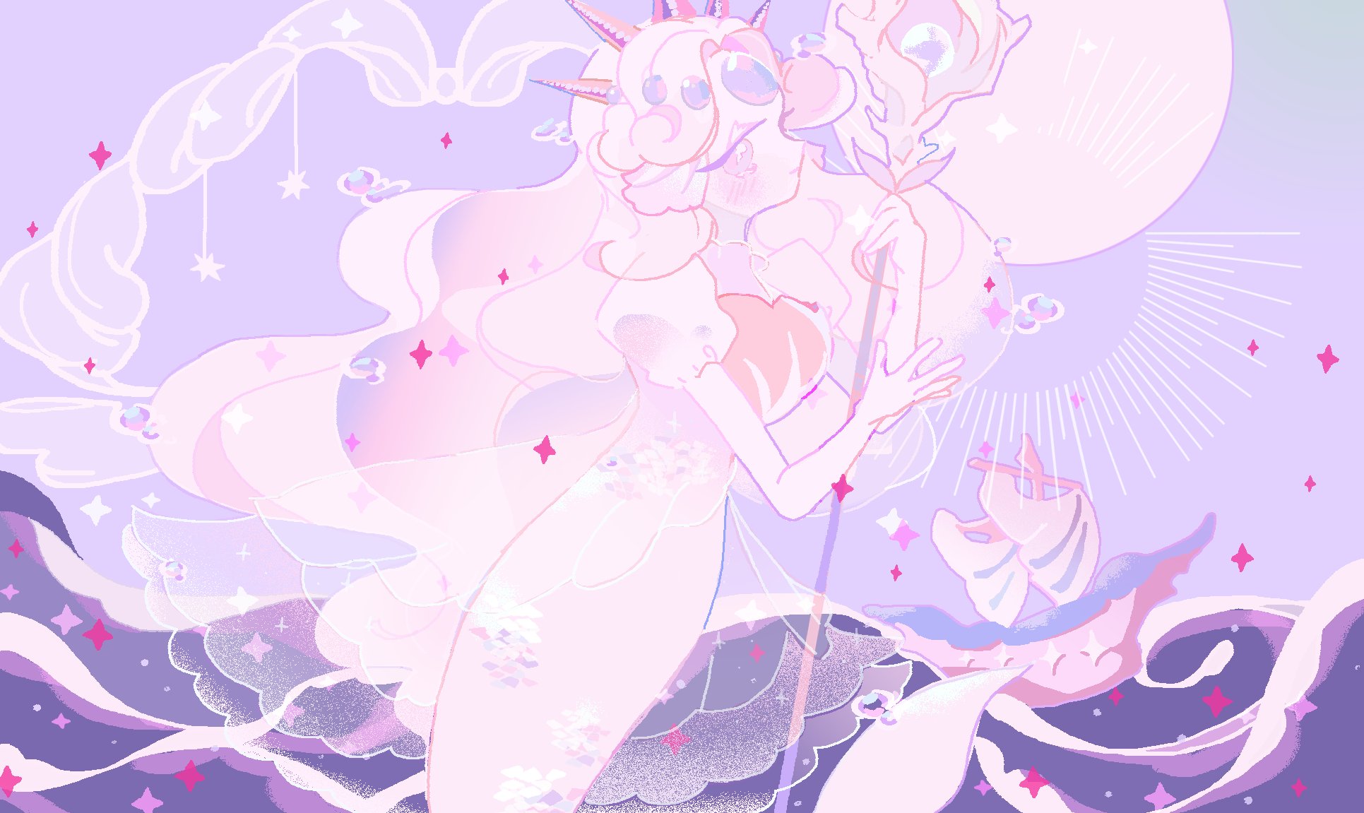 reed, black pearl cookie, white pearl cookie, cookie run, cookie run: kingdom, commentary, highres, symbol-only commentary, 1girl, curtained hair, elbow gloves, from side, full body, gloves, hands up, holding, holding staff, humanization, long hair, looking at viewer, mermaid, monster girl, pink eyes, profile, puffy short sleeves, puffy sleeves, purple background, see-through clothes, see-through veil, short sleeves, sideways glance, simple background, solo, sparkle, staff, star (symbol), tiara, veil, very long hair, water, waves, wavy hair, white gloves, white hair, white veil