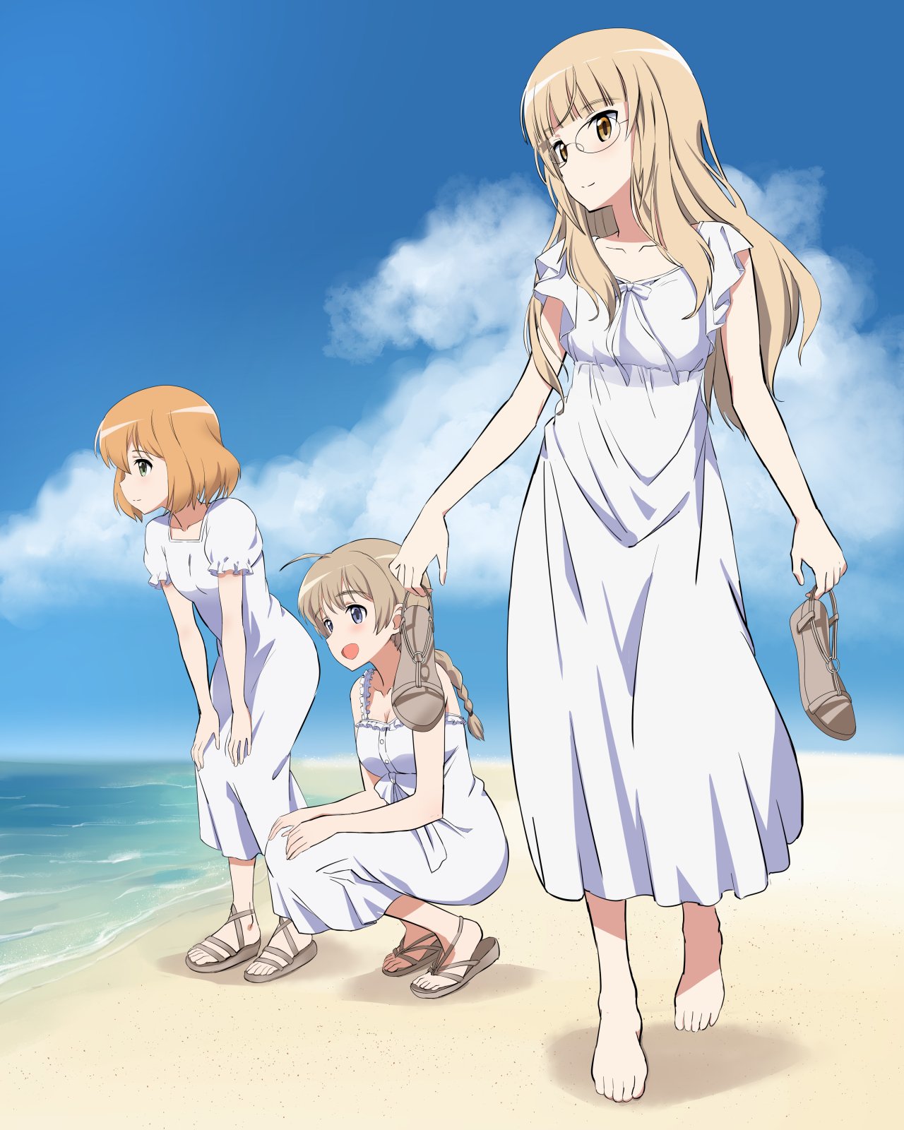 amelie planchard, lynette bishop, perrine h. clostermann, strike witches, world witches series, artist request, highres, official art, source request, 3girls, barefoot, beach, blonde hair, blue eyes, blue sky, blush, braid, brown hair, cloud, cloudy sky, dress, glass, green eyes, long hair, looking to the side, multiple girls, ocean, open mouth, orange hair, outdoors, sand, sandals, short hair, single braid, sky, smile, squatting, standing, sundress, walking, yellow eyes
