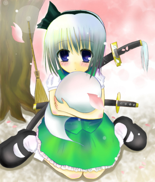 konpaku youmu, konpaku youmu (ghost), touhou, silver hair, 1girl, blue eyes, blush, broom, female focus, gradient background, headband, mary janes, nature, petals, plant, shoes, short hair, skirt, socks, solo, sword, tree, weapon