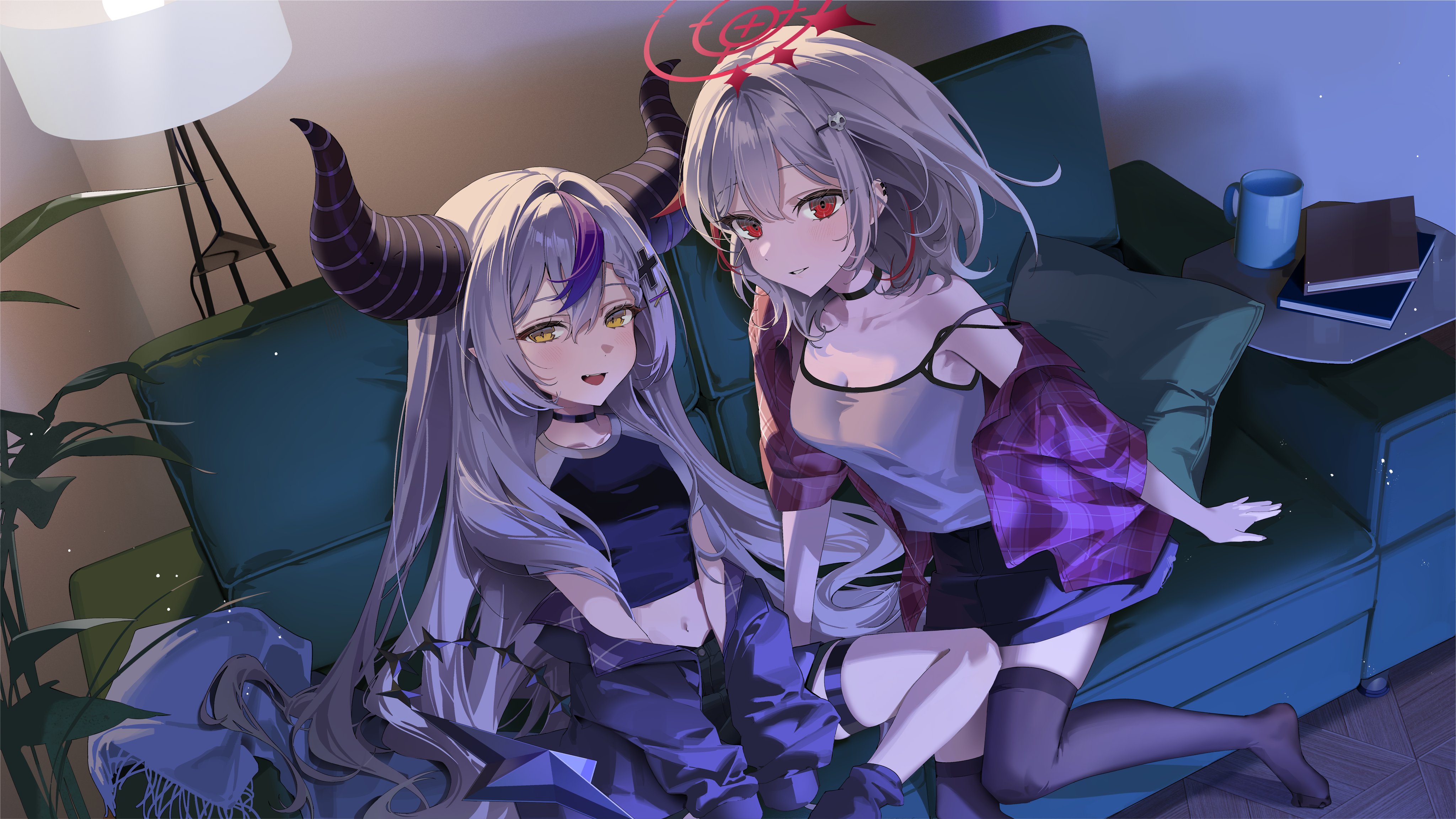 chii (chiiriring), dtto., la+ darknesss, hololive, reject (esports), absurdres, commentary request, highres, official art, 2girls, :d, black choker, black horns, black jacket, black skirt, black thighhighs, braid, braided bangs, camisole, choker, couch, cropped shirt, cross hair ornament, demon horns, double-parted bangs, ear piercing, grey camisole, grey hair, hair between eyes, hair ornament, hairclip, halo, horns, indoors, jacket, jacket partially removed, long hair, looking at viewer, midriff, miniskirt, multicolored hair, multiple girls, navel, no ahoge, on couch, open mouth, parted lips, piercing, plaid clothes, plaid shirt, pointy ears, purple hair, red eyes, red hair, red shirt, shirt, short hair, sitting, skirt, sleeves past fingers, sleeves past wrists, slit pupils, smile, strap slip, streaked hair, striped horns, tail, thigh strap, thighhighs, very long hair, virtual youtuber, yellow eyes