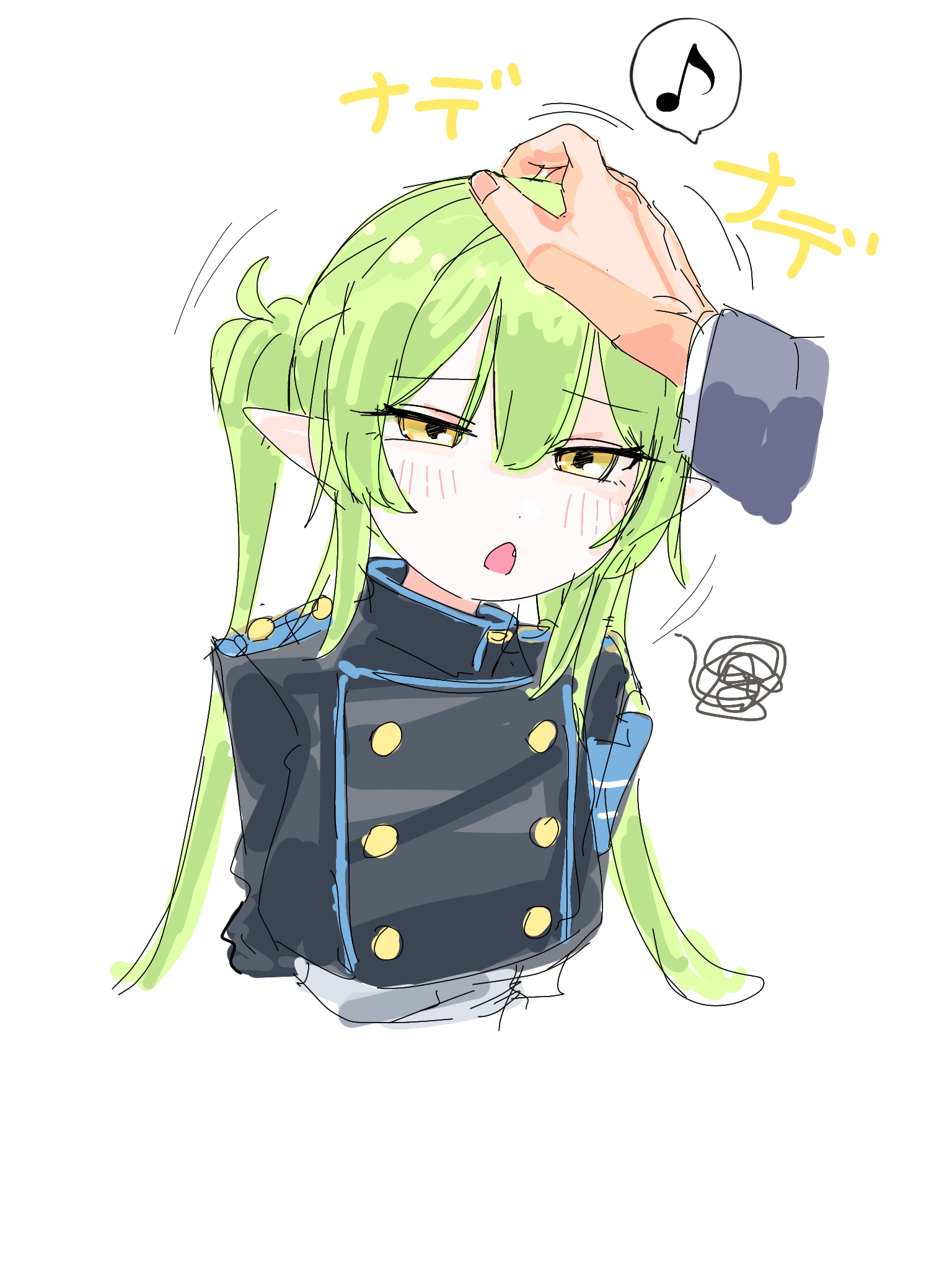 niwaikanai, nozomi (blue archive), blue archive, highres, translation request, 1girl, armband, black jacket, blush, breasts, buttons, cropped jacket, double-breasted, green hair, halo, headpat, jacket, long hair, long sleeves, looking at viewer, pointy ears, small breasts, solo focus, squiggle, twintails, very long hair, yellow eyes