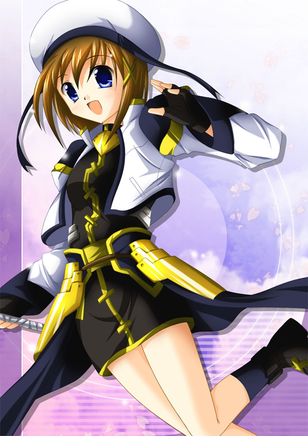 takase shin'ya, yagami hayate, lyrical nanoha, mahou shoujo lyrical nanoha, mahou shoujo lyrical nanoha a's, mahou shoujo lyrical nanoha strikers, 00s, 1girl, beret, blue eyes, brown hair, female focus, fingerless gloves, gloves, hair ornament, hat, jacket, leg lift, short hair, solo, x hair ornament