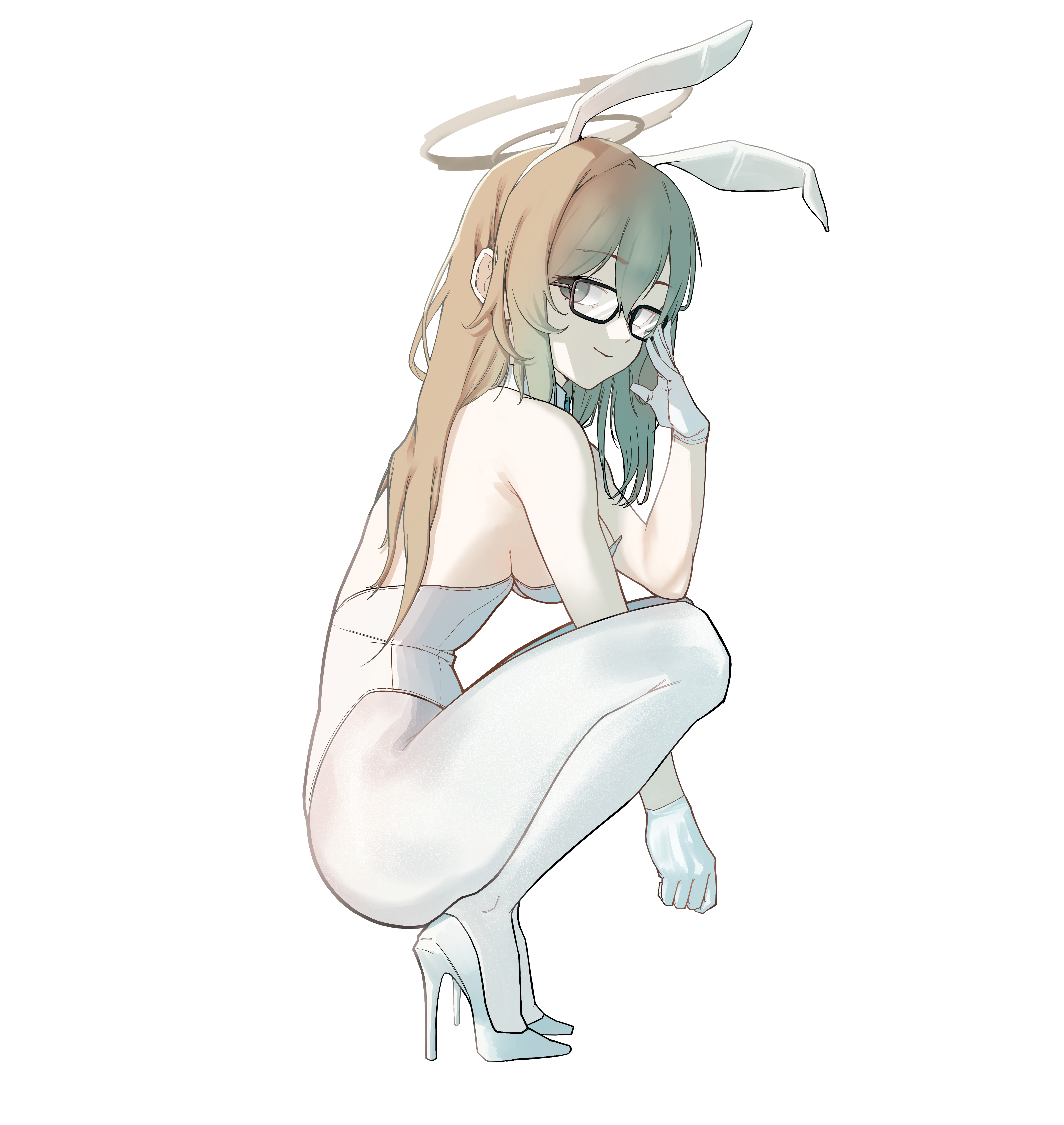 bubry (w3ird jo), akane (blue archive), akane (bunny) (blue archive), blue archive, absurdres, highres, 1girl, animal ears, aqua bow, aqua bowtie, bow, bowtie, breasts, brown hair, cleavage, detached collar, fake animal ears, glasses, gloves, halo, large breasts, leotard, long hair, looking at viewer, official alternate costume, pantyhose, playboy bunny, rabbit ears, solo, strapless, strapless leotard, white gloves, white leotard