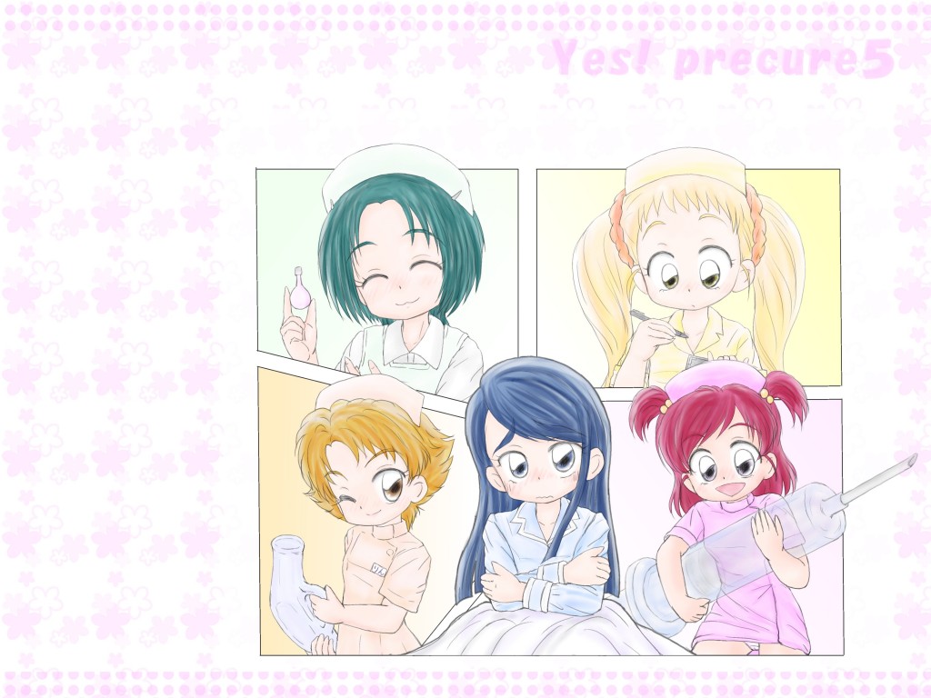 akimoto komachi, kasugano urara (yes! precure 5), minazuki karen, natsuki rin, yumehara nozomi, precure, yes! precure 5, cosplay, enema, nurse, retro artstyle, syringe