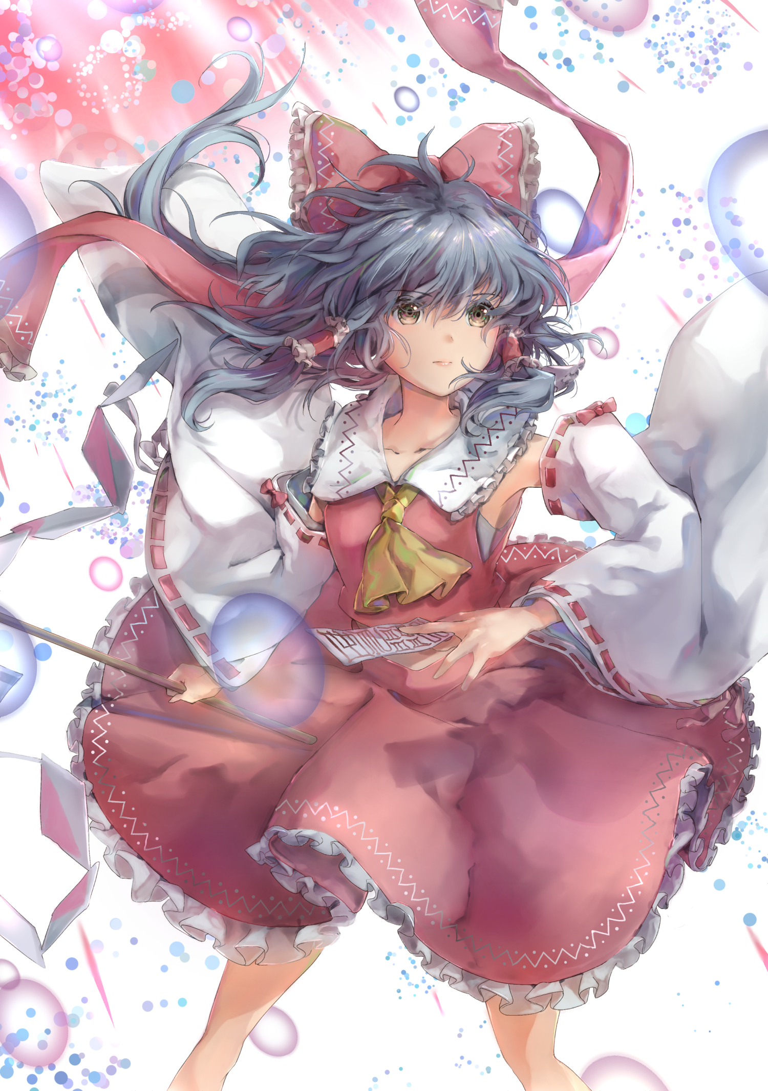 nanop38, hakurei reimu, touhou, commentary request, highres, 1girl, ascot, between fingers, black hair, bow, brown eyes, bubble, closed mouth, collar, collarbone, danmaku, detached sleeves, expressionless, feet out of frame, frilled bow, frilled collar, frilled hair tubes, frills, gohei, hair bow, hair tubes, holding, holding gohei, knees, light particles, lips, long hair, ofuda, ofuda between fingers, red bow, red ribbon, red shirt, red skirt, ribbon, ribbon-trimmed sleeves, ribbon trim, shirt, skirt, solo, white background, white collar, white sleeves, white undershirt, yellow ascot