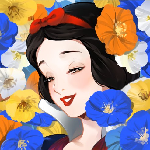 ano (sbee), snow white (disney), snow white and the seven dwarfs (disney), lowres, 1girl, black hair, bow, dress, flower, hair bow, lips, looking at viewer, open mouth, princess, puff and slash sleeves, puffy short sleeves, puffy sleeves, red bow, short hair, short sleeves, smile, solo