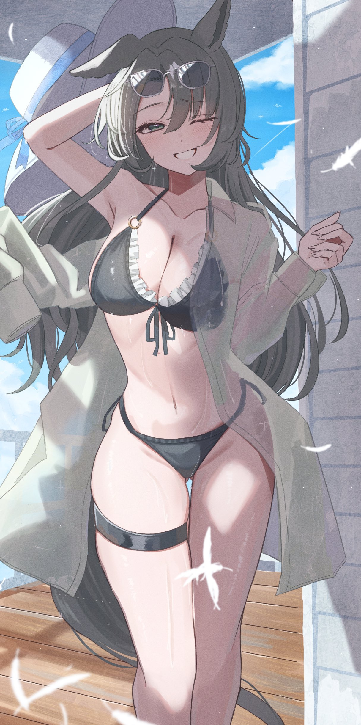 hanma amnah, absurdres, character request, copyright request, highres, 1girl, bikini, black bikini, breasts, grey eyes, grey hair, navel, o-ring, o-ring bikini, o-ring top, one eye closed, see-through clothes, smile, solo, swimsuit, thigh strap