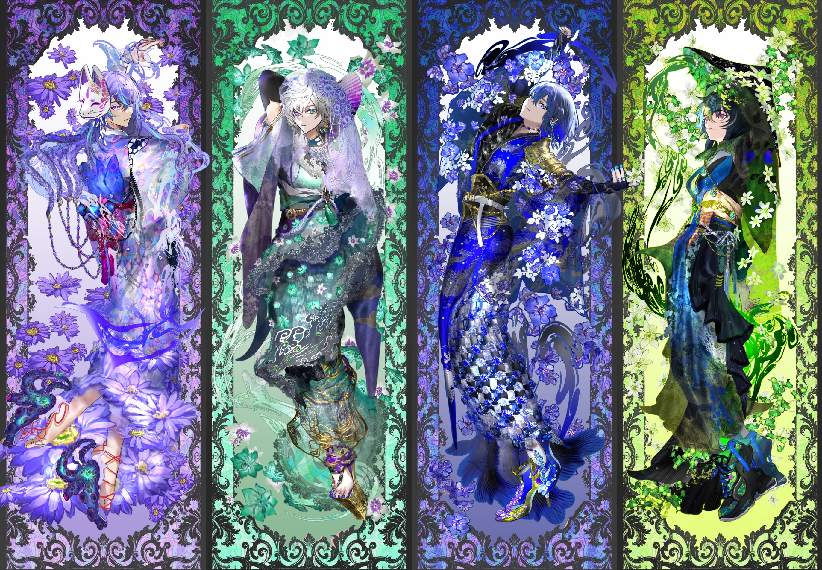 hoshirube sho, inami rai, koyanagi rou, murakumo kagetsu, nijisanji, flower request, highres, 4boys, ajirogasa, alternate costume, aqua border, aqua flower, aqua gemstone, arm behind head, arm up, armor, asymmetrical footwear, barefoot, barefoot sandals (jewelry), belt, belt buckle, black corset, black gloves, black hair, black hat, black jacket, black kimono, black shirt, black shoes, black skirt, blue border, blue eyes, blue flower, blue gemstone, blue hair, blue kimono, blue nails, blue sash, blue shoes, blue skin, border, braid, buckle, chain belt, checkered clothes, checkered kimono, cloud print, colored extremities, colored skin, column lineup, corset, crop top, crossed bangs, daisy (flower), detached heels, dragon print, dytica (nijisanji), earrings, elbow gloves, fingerless gloves, floral print, floral print kimono, flower, flower trim, folding fan, food, fox mask, fruit, fruit request, full body, gem, gloves, gold armor, gold shoes, green border, green eyes, green flower, green hair, green hat, green robe, green veil, grey hair, hair between eyes, hair flower, hair ornament, hand chains, hand fan, hat, hat flower, heterochromia, high heels, high tops, jacket, japanese armor, japanese clothes, jewelry, kimono, lace, lace trim, long hair, long skirt, long sleeves, looking at viewer, looking back, looking up, male focus, mask, mask on head, midriff, mismatched footwear, multicolored hair, multiple boys, multiple braids, nail polish, obi, okobo, open clothes, open jacket, ornate border, passion flower, pink eyes, pink nails, pink veil, platform sandals, print kimono, purple border, purple eyes, purple flower, purple gemstone, purple hair, purple nails, purple shawl, red ribbon, ribbon, ribbon around foot, robe, rope belt, sandals, sash, see-through clothes, see-through jacket, see-through veil, shawl, shirt, shoes, short hair, short sleeves, shoulder armor, shoulder sash, sideways glance, single earring, skirt, smoke, sneakers, sode, standing, standing on one leg, strappy heels, streaked hair, tentacles, toenail polish, toenails, two-sided fabric, two-sided headwear, two-tone kimono, unagipai, veil, virtual youtuber, white background, white belt, white flower, white hair, white kimono, xiangyun, zipper