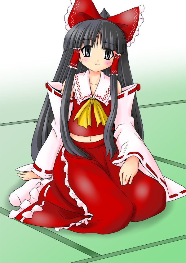 dotekabocha, hakurei reimu, touhou, 1girl, black hair, blunt bangs, female focus, full body, gradient background, indoors, japanese clothes, long hair, miko, navel, skirt, socks, solo, white background