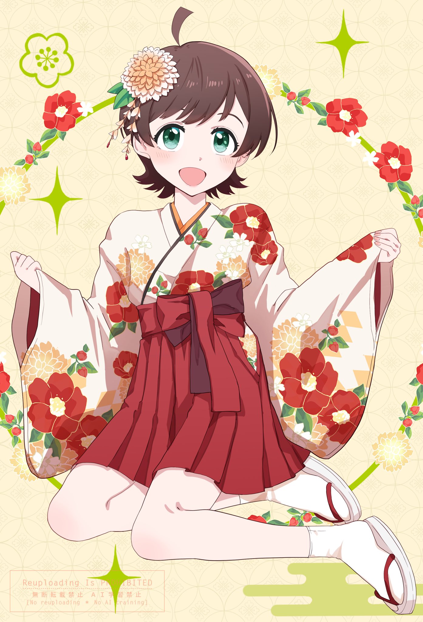 run p (aveton), kinoshita hinata, idolmaster, idolmaster million live!, idolmaster million live! theater days, highres, 1girl, :d, ahoge, aqua eyes, blush, brown hair, eyelashes, flipped hair, floral background, floral print, floral print kimono, flower, hair flower, hair ornament, hakama, hakama skirt, japanese clothes, kimono, light blush, looking at viewer, open mouth, orange flower, print kimono, red flower, red hakama, sandals, short hair, sitting, skirt, slippers, smile, socks, solo, sparkle, swept bangs, white flower, white kimono, white sandals, white slippers, white socks, wide sleeves, yellow background, yokozuwari