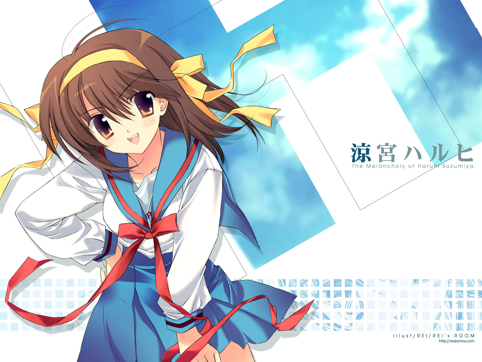 rei (artist), rei (rei's room), suzumiya haruhi, suzumiya haruhi no yuuutsu, highres, 00s, 1girl, brown hair, female focus, school uniform, serafuku, short hair, solo