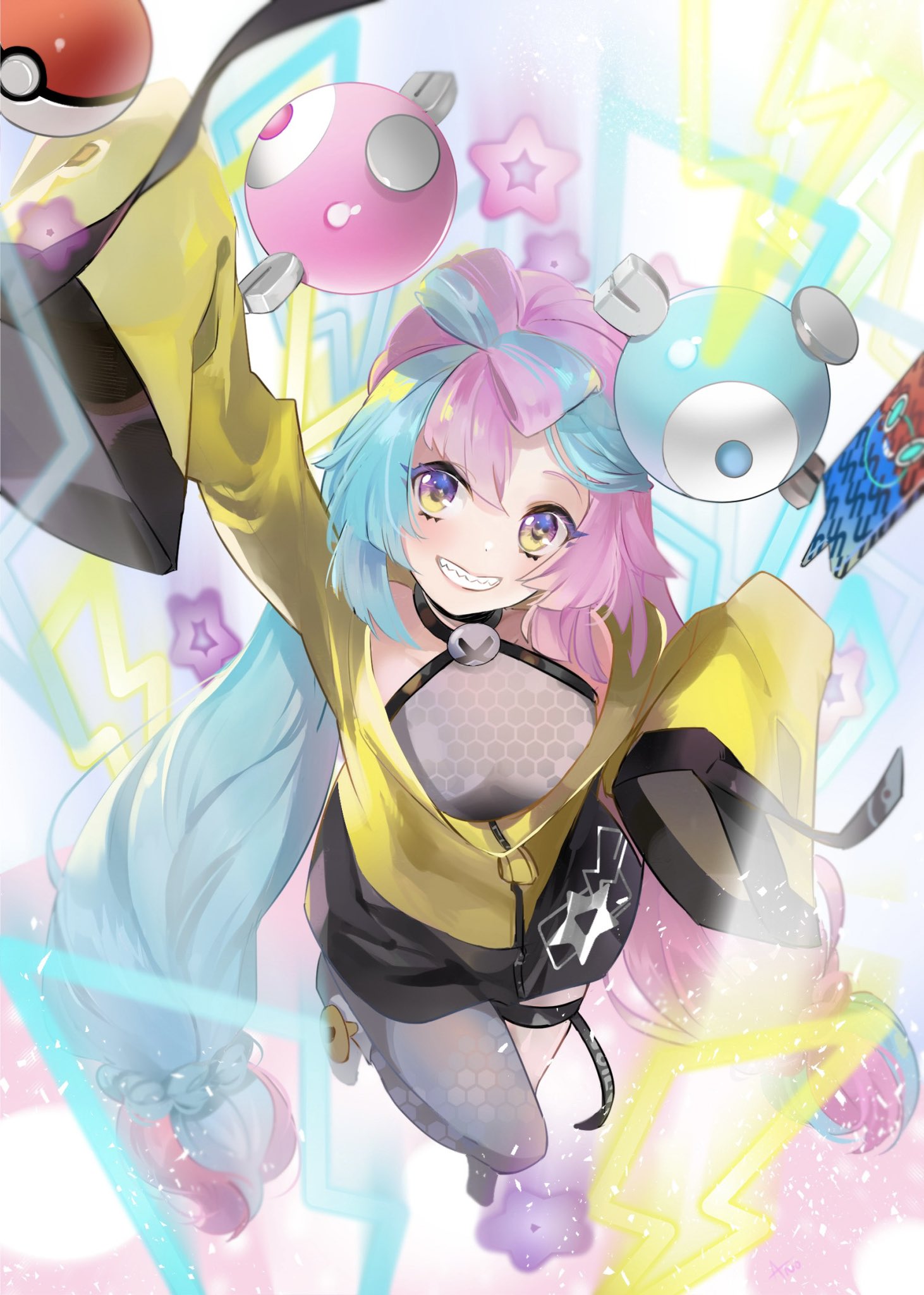 ano (sbee), iono (pokemon), magnemite, nintendo, pokemon, pokemon sv, highres, 1girl, bow-shaped hair, character hair ornament, gen 1 pokemon, hair ornament, halter shirt, halterneck, hexagon print, jacket, long hair, long sleeves, multicolored hair, pink hair, poke ball, sharp teeth, single leg pantyhose, sleeves past fingers, sleeves past wrists, smile, solo, teeth, two-tone hair, very long sleeves, yellow jacket