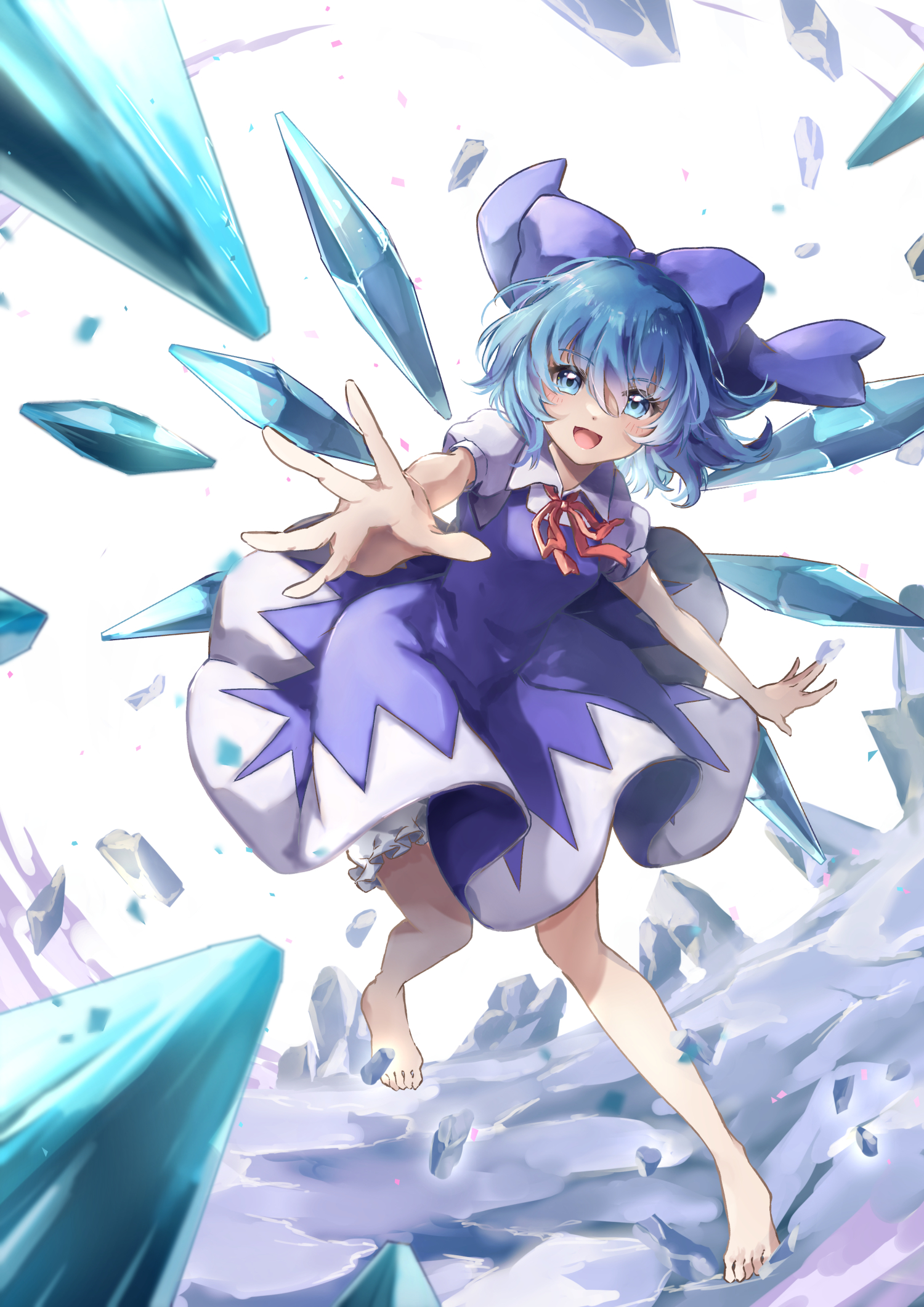 nanop38, cirno, touhou, commentary, highres, 1girl, :d, barefoot, bloomers, blue bow, blue dress, blue eyes, blue hair, blue shirt, bow, crack, cracked floor, crystal, dress, firing, firing at viewer, foreshortening, hair bow, ice, ice wings, light blush, looking at viewer, medium hair, open mouth, outstretched arm, outstretched hand, puffy short sleeves, puffy sleeves, reaching, reaching towards viewer, red ribbon, ribbon, shirt, short sleeves, smile, solo, underwear, white background, white bloomers, wings