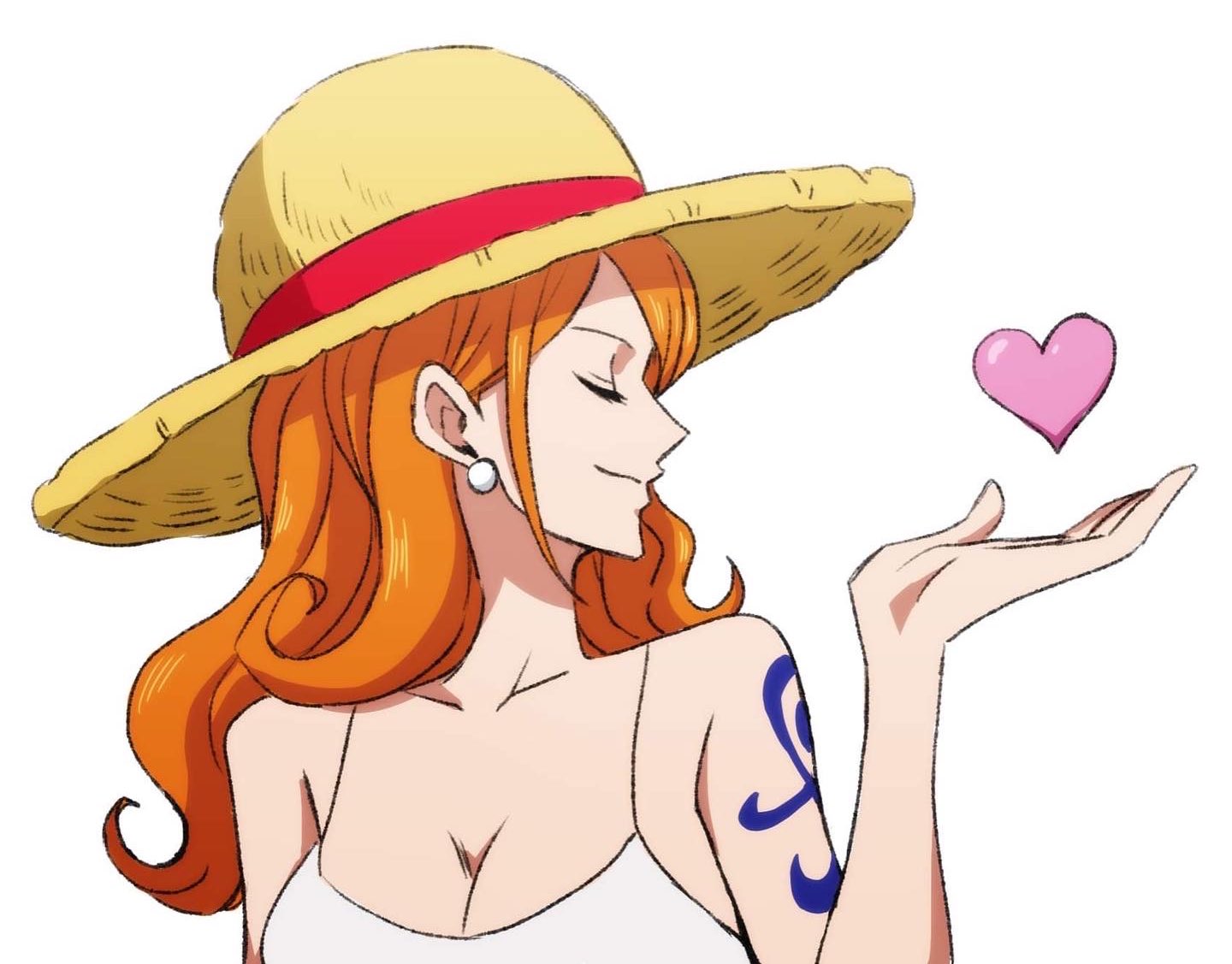 giorgia lenzi, nami (one piece), one piece, commentary, english commentary, 1girl, bare arms, bare shoulders, breasts, camisole, cleavage, closed eyes, closed mouth, collarbone, earrings, facing to the side, hand up, hat, heart, jewelry, large breasts, long hair, open hand, orange hair, pearl earrings, profile, shoulder tattoo, simple background, smile, solo, spaghetti strap, straw hat, tattoo, upper body, wavy hair, white background, white camisole