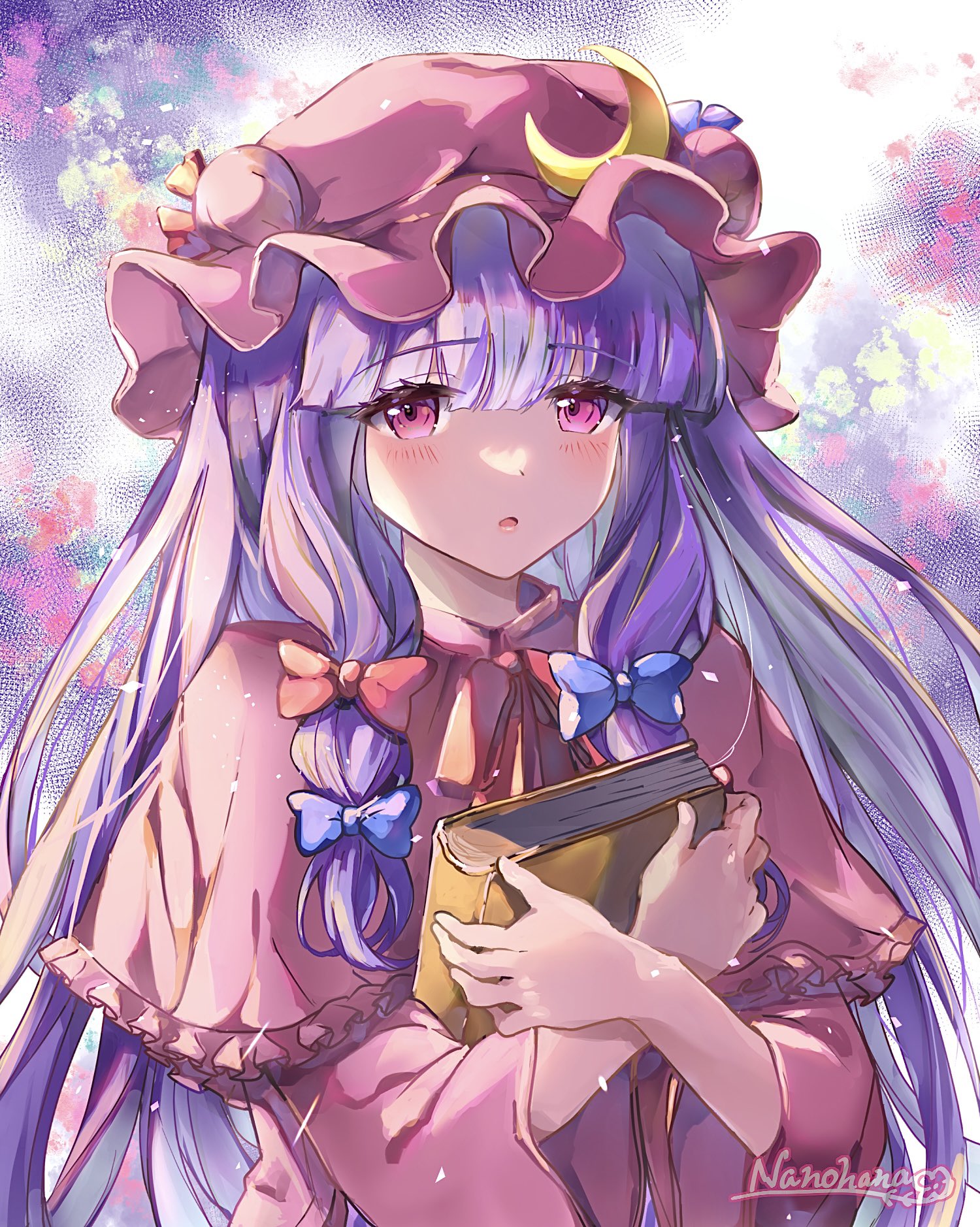 nanop38, patchouli knowledge, touhou, commentary request, highres, 1girl, blue bow, blush, book, bow, capelet, crescent, crescent hat ornament, crossed wrists, dress, hair bow, hat, hat ornament, holding, holding book, long hair, long sleeves, looking at viewer, parted lips, pink capelet, pink dress, pink eyes, pink hat, purple background, purple hair, red bow, red ribbon, ribbon, sidelocks, solo, upper body