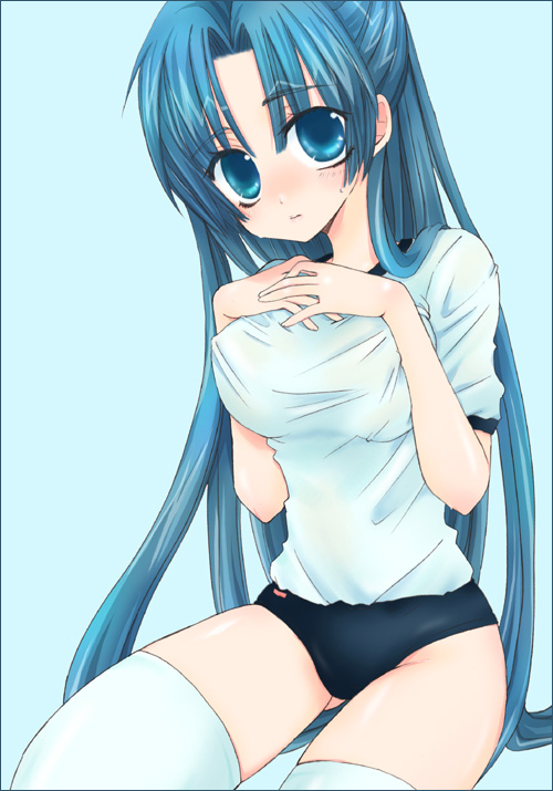 yunico, asakura ryoko, suzumiya haruhi no yuuutsu, 00s, 1girl, blue eyes, blue hair, breasts, buruma, female focus, gym uniform, half updo, matching hair/eyes, solo, thighhighs