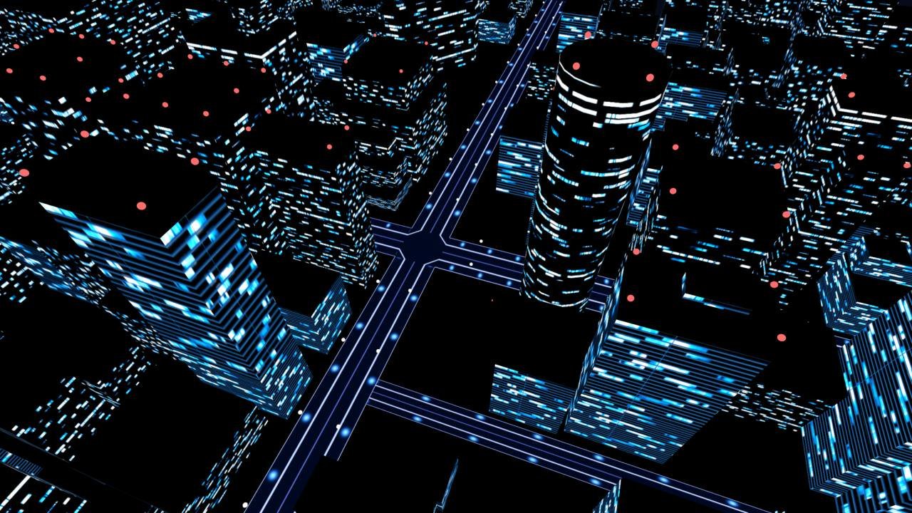 joyfull (terrace), touhou, urban legend in limbo, building, city, city lights, cityscape, cross, dark, from above, glowing, muisiki rekuiemu, night, no humans, red eyes, reflection, scenery, skyscraper