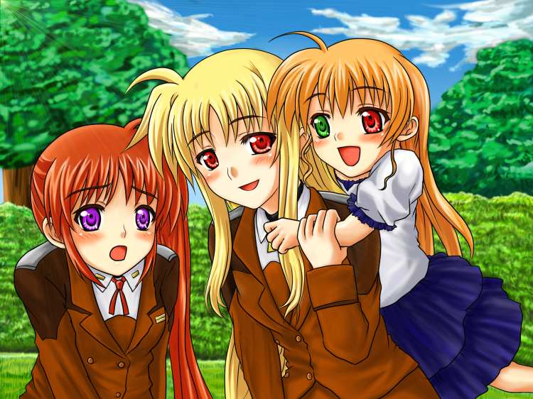 yuki mashiro, fate testarossa, takamachi nanoha, vivio, lyrical nanoha, mahou shoujo lyrical nanoha, mahou shoujo lyrical nanoha strikers, 00s, 3girls, ahoge, blonde hair, heterochromia, military, military uniform, multiple girls, purple eyes, red eyes, side ponytail