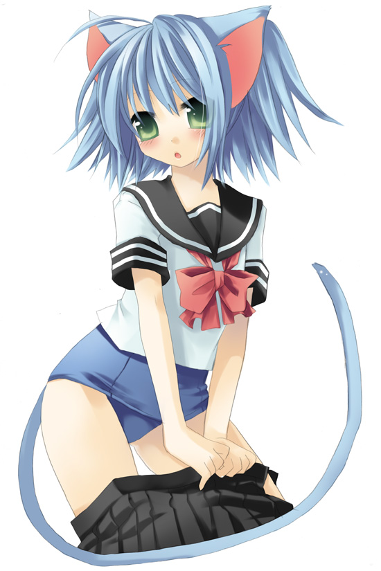 sazaki ichiri, 1girl, animal ears, blue hair, cat ears, cat tail, clothes pull, female focus, green eyes, one-piece swimsuit, school swimsuit, school uniform, serafuku, skirt, skirt pull, solo, swimsuit, swimsuit under clothes, tail, undressing