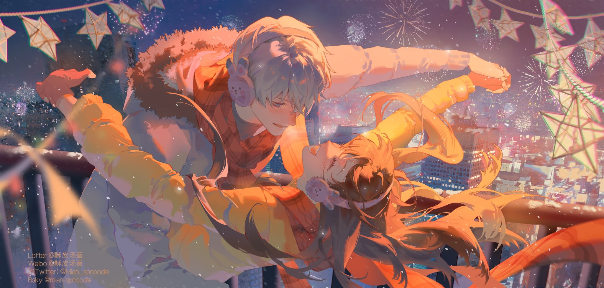 mian spnoodle, protagonist (love and deepspace), xavier (love and deepspace), love and deepspace, commentary, english commentary, highres, 1boy, 1girl, artist name, black sweater, blue sky, brown hair, building, city, closed eyes, coat, couple, dancing, earmuffs, fingerless gloves, fireworks, floating clothes, floating hair, fur-trimmed coat, fur trim, gloves, gradient sky, hair between eyes, hand around waist, happy, hetero, holding hands, hood, hooded coat, lantern, long hair, long sleeves, looking at another, looking down, new year, night, night sky, open clothes, open coat, open mouth, orange coat, outdoors, peril, puffy long sleeves, puffy sleeves, purple eyes, purple sky, red gloves, red scarf, scarf, short hair, sky, smile, star (symbol), sweater, teeth, turtleneck, turtleneck sweater, upper body, watermark, white coat, white hair, winter