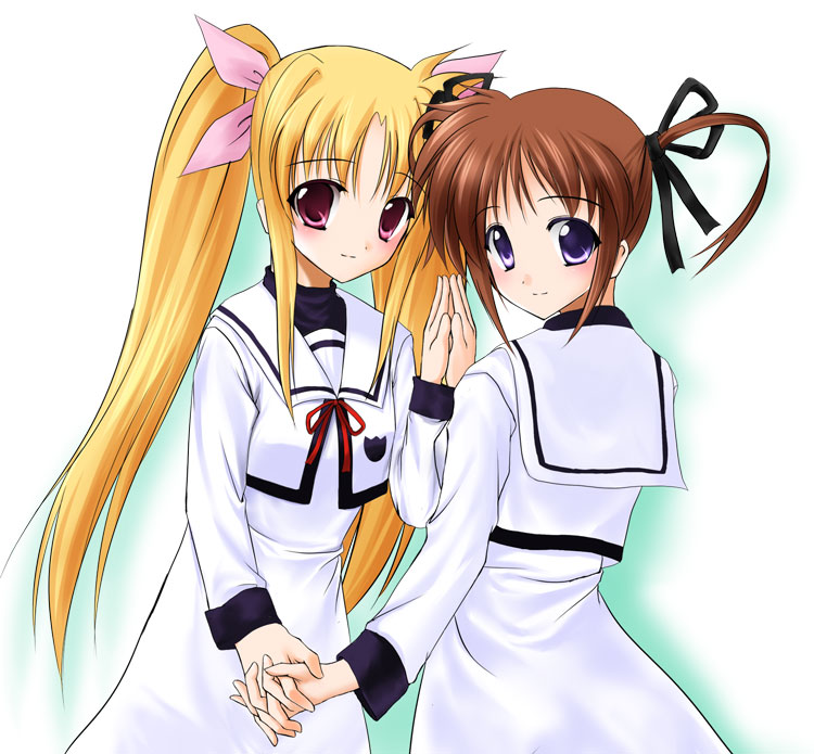 ryuushou, fate testarossa, takamachi nanoha, lyrical nanoha, mahou shoujo lyrical nanoha, mahou shoujo lyrical nanoha a's, 00s, 2girls, blonde hair, holding hands, multiple girls, purple eyes, red eyes, red hair, school uniform, serafuku, twintails