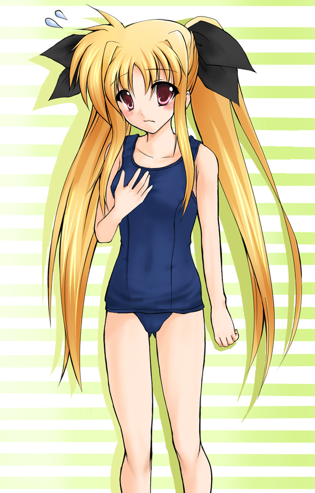 ryuushou, fate testarossa, lyrical nanoha, mahou shoujo lyrical nanoha, 00s, long hair, one-piece swimsuit, school swimsuit, solo, swimsuit, twintails, very long hair