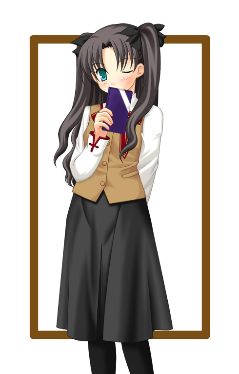 minamori noeru, tohsaka rin, fate/stay night, fate (series), tagme, 00s, 1girl, female focus, skirt, solo, standing, white background, wink