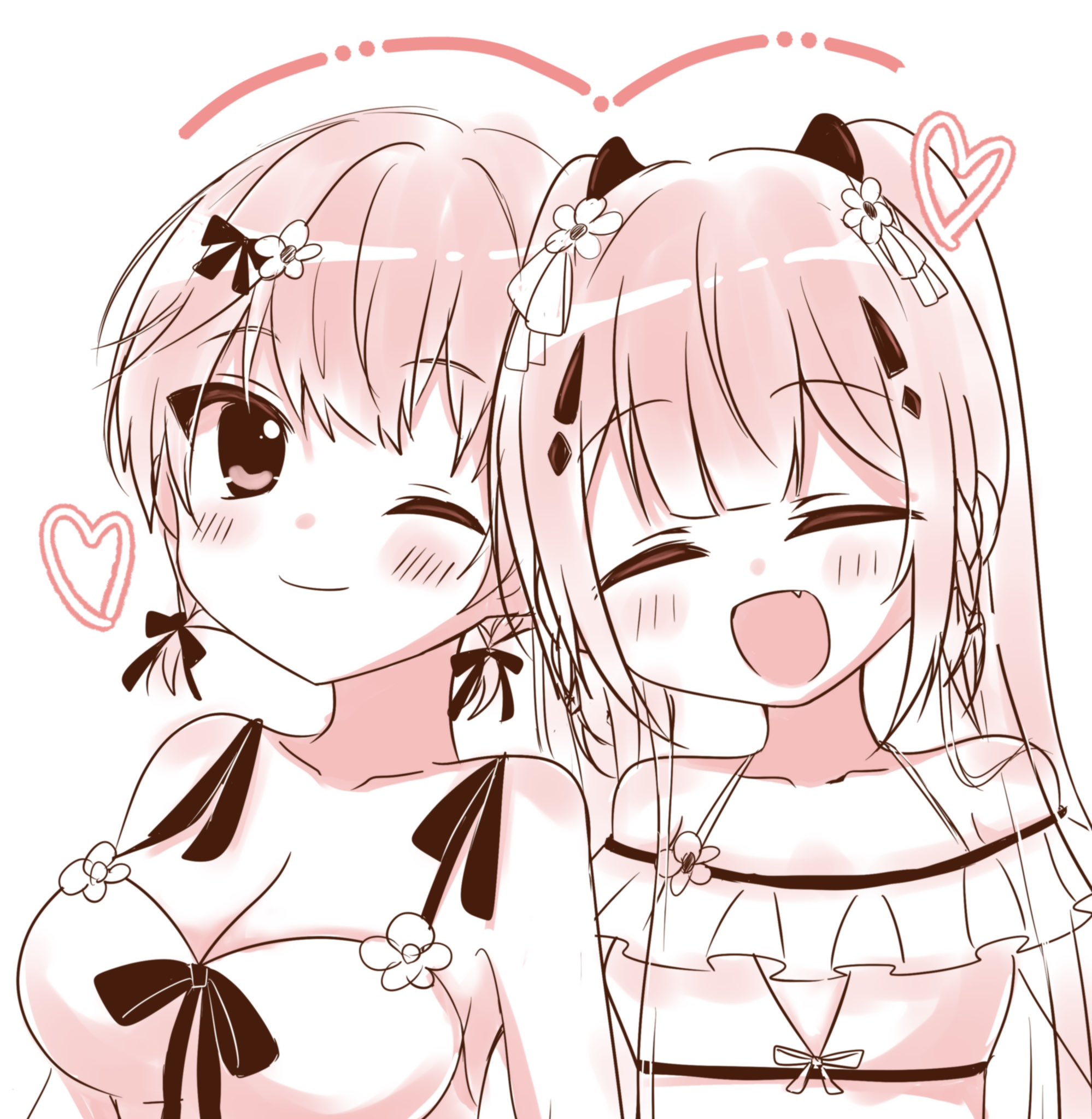 kamiyama shiki, nomura miki, summer pockets, commentary, highres, 2girls, :d, ;), alternate costume, alternate hairstyle, bare shoulders, bikini, blunt bangs, braid, breasts, cleavage, closed mouth, collarbone, facing viewer, fang, flower, frilled bikini, frills, hair flower, hair ornament, hairclip, halterneck, happy, heart, large breasts, limited palette, long hair, looking at viewer, low twintails, multiple girls, mumusubisan0704, one eye closed, open mouth, short hair, short twintails, side-by-side, sidelocks, simple background, sketch, smile, swimsuit, twin braids, twintails, white background, white flower