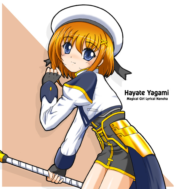 flipper, schwertkreuz, yagami hayate, lyrical nanoha, mahou shoujo lyrical nanoha, mahou shoujo lyrical nanoha a's, 00s, 1girl, blue eyes, brown hair, character name, copyright name, english text, female focus, fingerless gloves, gloves, hair ornament, hat, magical girl, solo, staff, waist cape, x hair ornament