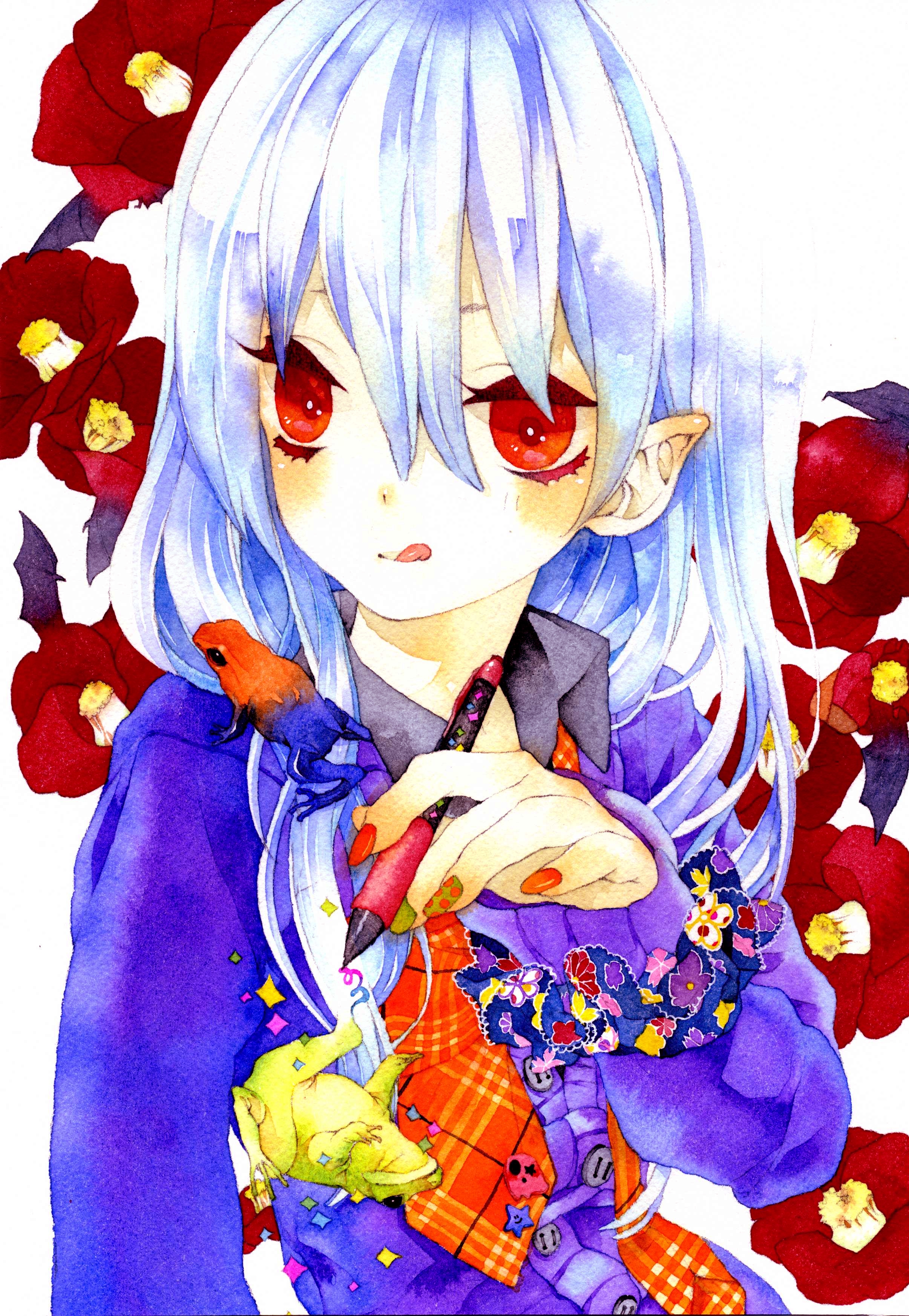 nanakami mana, original, absurdres, commentary request, highres, painting (medium), traditional media, watercolor (medium), 1girl, :q, blue hair, blush, collared shirt, flower, frog, holding, holding pen, licking lips, long hair, looking to the side, nail art, necktie, pen, pointy ears, red eyes, red flower, shirt, smile, solo, tongue, tongue out, upper body