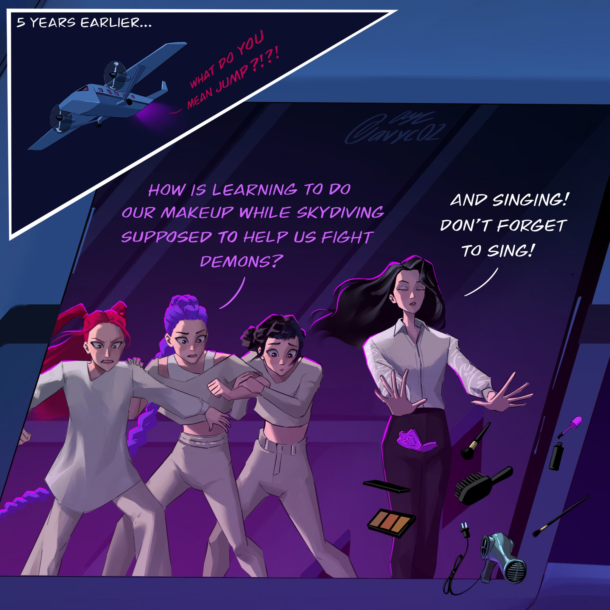 celine (kpop demon hunters), mira (kpop demon hunters), rumi (kpop demon hunters), zoey (kpop demon hunters), kpop demon hunters, highres, 4girls, aircraft, airplane, avyc02, black hair, comb, english text, hair dryer, long hair, makeup, multiple girls, purple hair, red hair, signature
