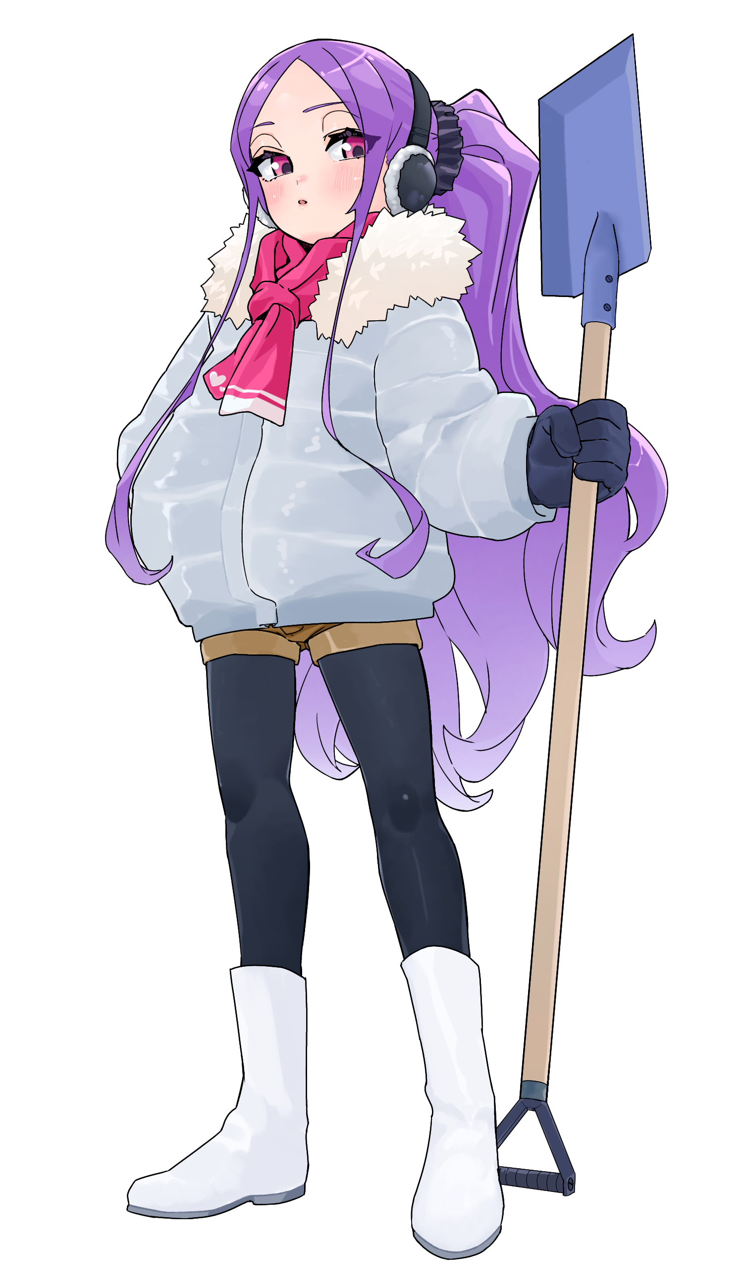 niwaikanai, wu zetian (fate), fate/grand order, fate (series), absurdres, highres, 1girl, black pantyhose, blush, boots, breasts, brown shorts, earmuffs, forehead, full body, fur-trimmed jacket, fur trim, grey jacket, hair ornament, hair scrunchie, jacket, long hair, long sleeves, looking at viewer, pantyhose, parted bangs, parted lips, pink scarf, ponytail, purple eyes, purple hair, scarf, scrunchie, shorts, shovel, sidelocks, small breasts, snow shovel, solo, very long hair, white boots