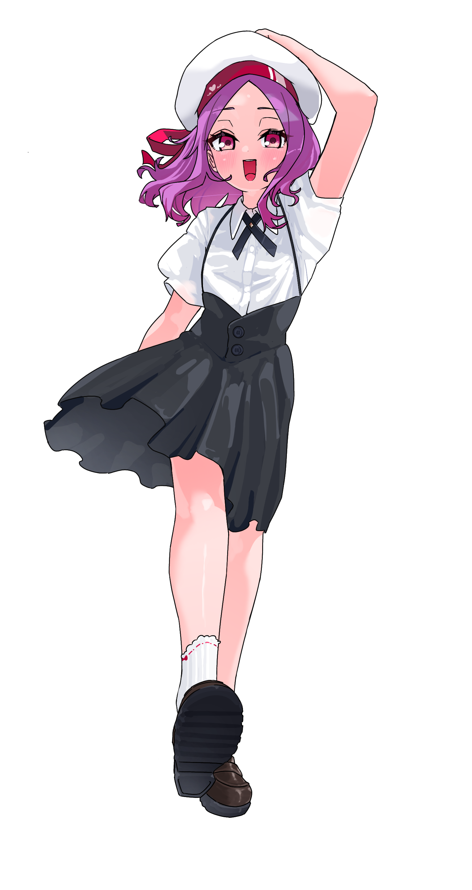 niwaikanai, wu zetian (fate), fate/grand order, fate (series), absurdres, highres, 1girl, beret, black skirt, blush, breasts, forehead, full body, hat, loafers, looking at viewer, medium hair, open mouth, parted bangs, purple eyes, purple hair, red ribbon, ribbon, shirt, shoes, short sleeves, sidelocks, skirt, small breasts, smile, socks, solo, white hat, white shirt, white socks