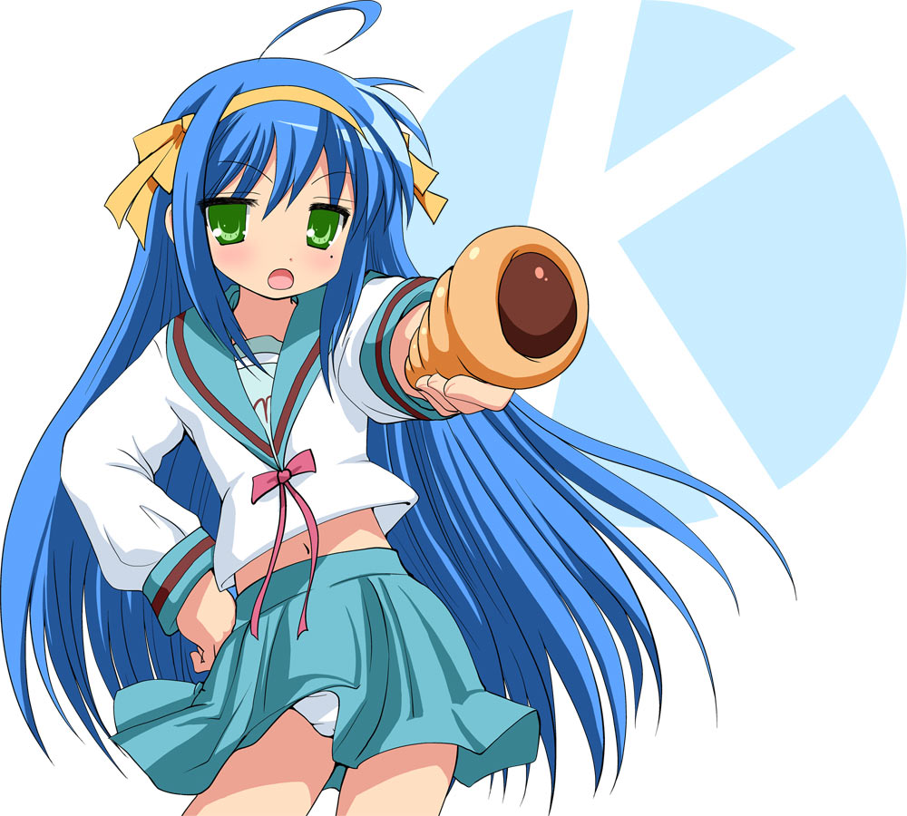 namamo nanase, hirano aya, izumi konata, suzumiya haruhi, lucky star, suzumiya haruhi no yuuutsu, 1girl, chocolate cornet, cosplay, crossover, female focus, food, mole, mole under eye, panties, pantyshot, pointing, school uniform, serafuku, solo, standing, suzumiya haruhi (cosplay), underwear, voice actor connection