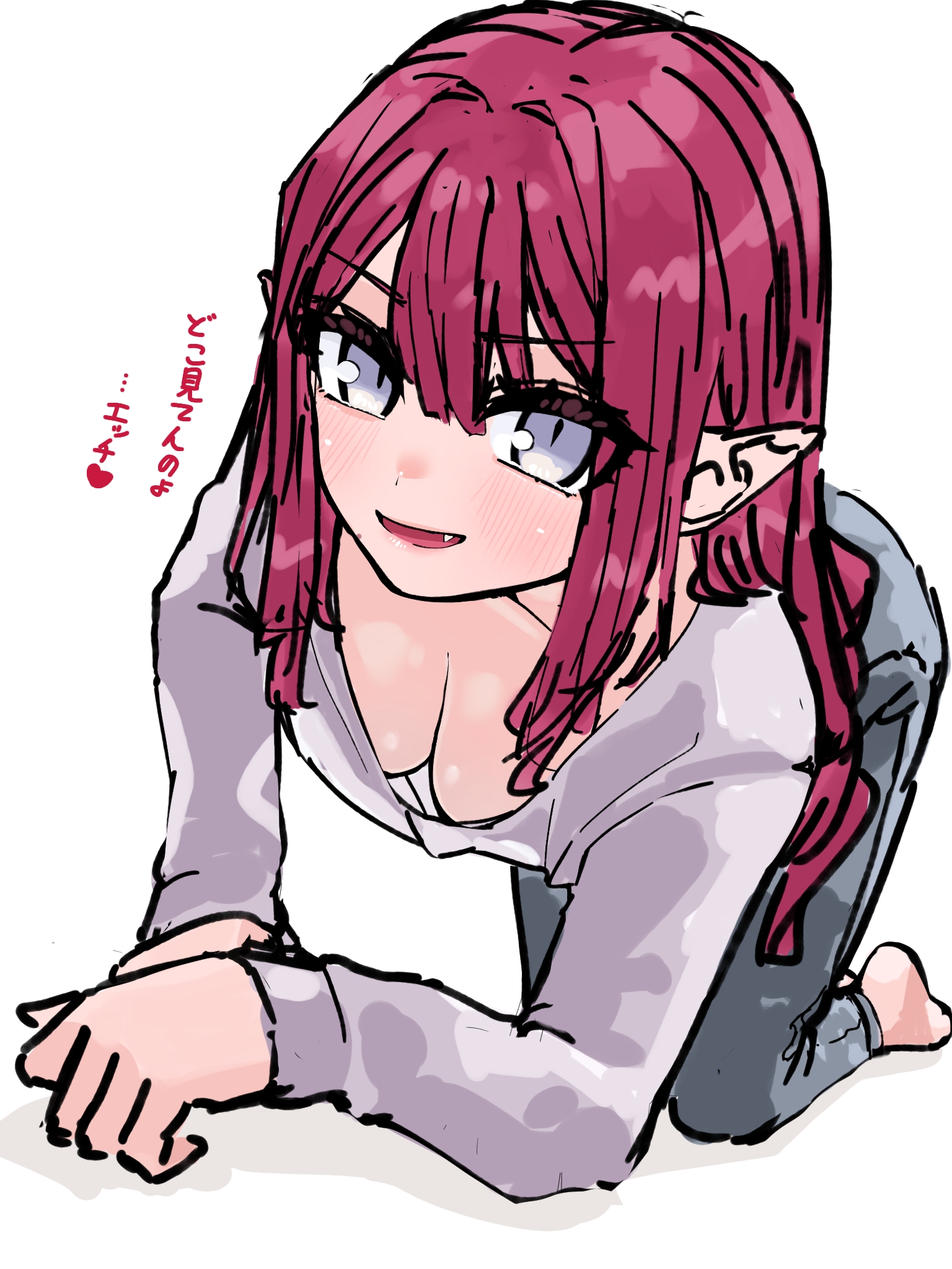 niwaikanai, baobhan sith (fate), fate/grand order, fate (series), highres, translation request, 1girl, all fours, blush, breasts, cleavage, denim, fang, grey eyes, grey pants, jeans, large breasts, long hair, long sleeves, looking at viewer, open mouth, pants, pink hair, pointy ears, shirt, sidelocks, smile, solo, white shirt
