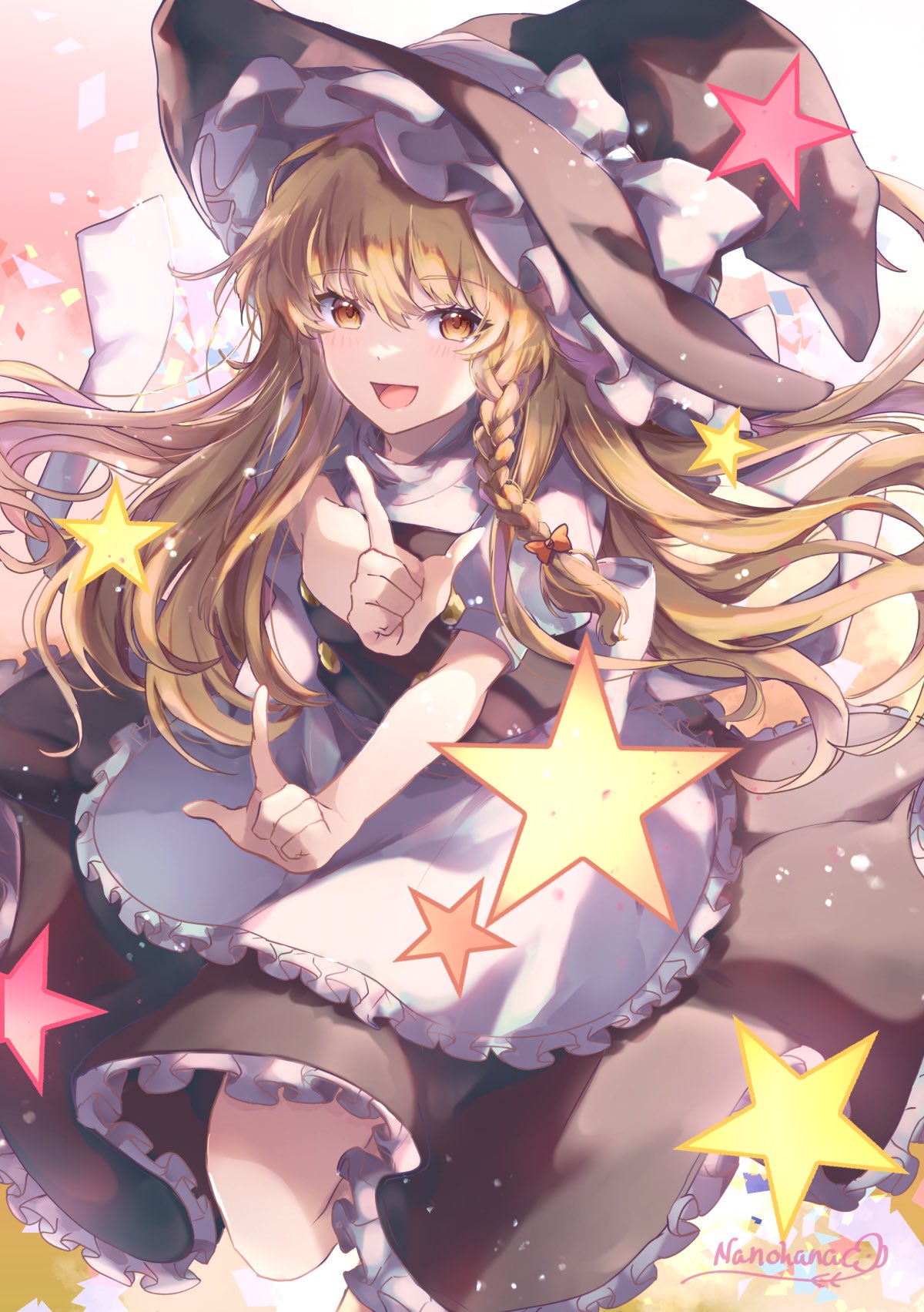 nanop38, kirisame marisa, touhou, commentary request, highres, 1girl, apron, back bow, black hat, black skirt, black vest, blonde hair, bow, braid, brown eyes, buttons, finger gun, frilled skirt, frills, hair bow, hat, hat bow, index finger raised, long hair, orange background, puffy short sleeves, puffy sleeves, red bow, shirt, short sleeves, signature, single braid, skirt, solo, star (symbol), vest, white apron, white bow, white shirt, witch hat