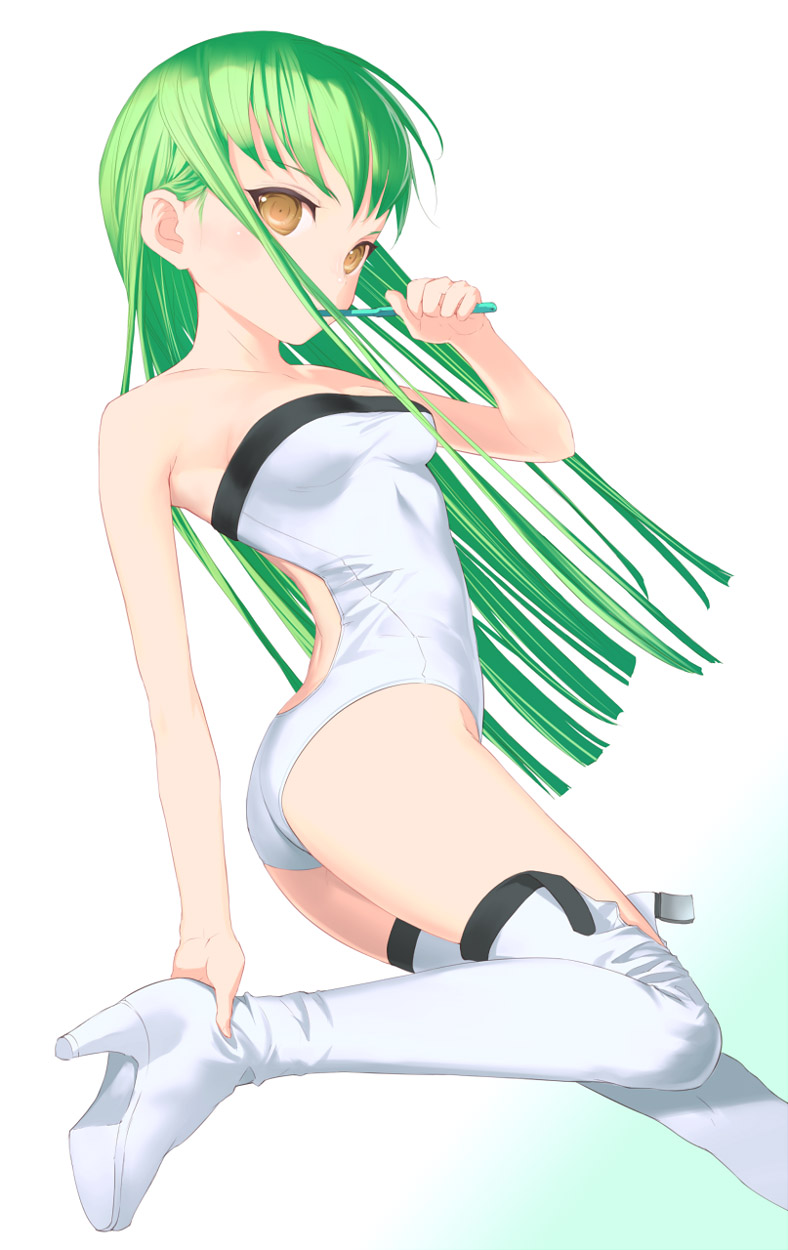 uni (plastic girl), c.c., code geass, highres, 00s, ass, bare shoulders, boots, green hair, high heels, shoes, solo, swimsuit, thighhighs, toothbrush