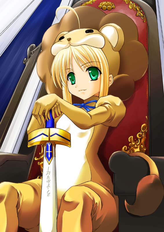maho (yakimorokoshi), artoria pendragon (fate), saber (fate), saber lion, fate/stay night, fate/tiger colosseum, fate (series), 1girl, animal ears, blonde hair, cosplay, female focus, green eyes, lion, sitting, solo, sword, throne, weapon