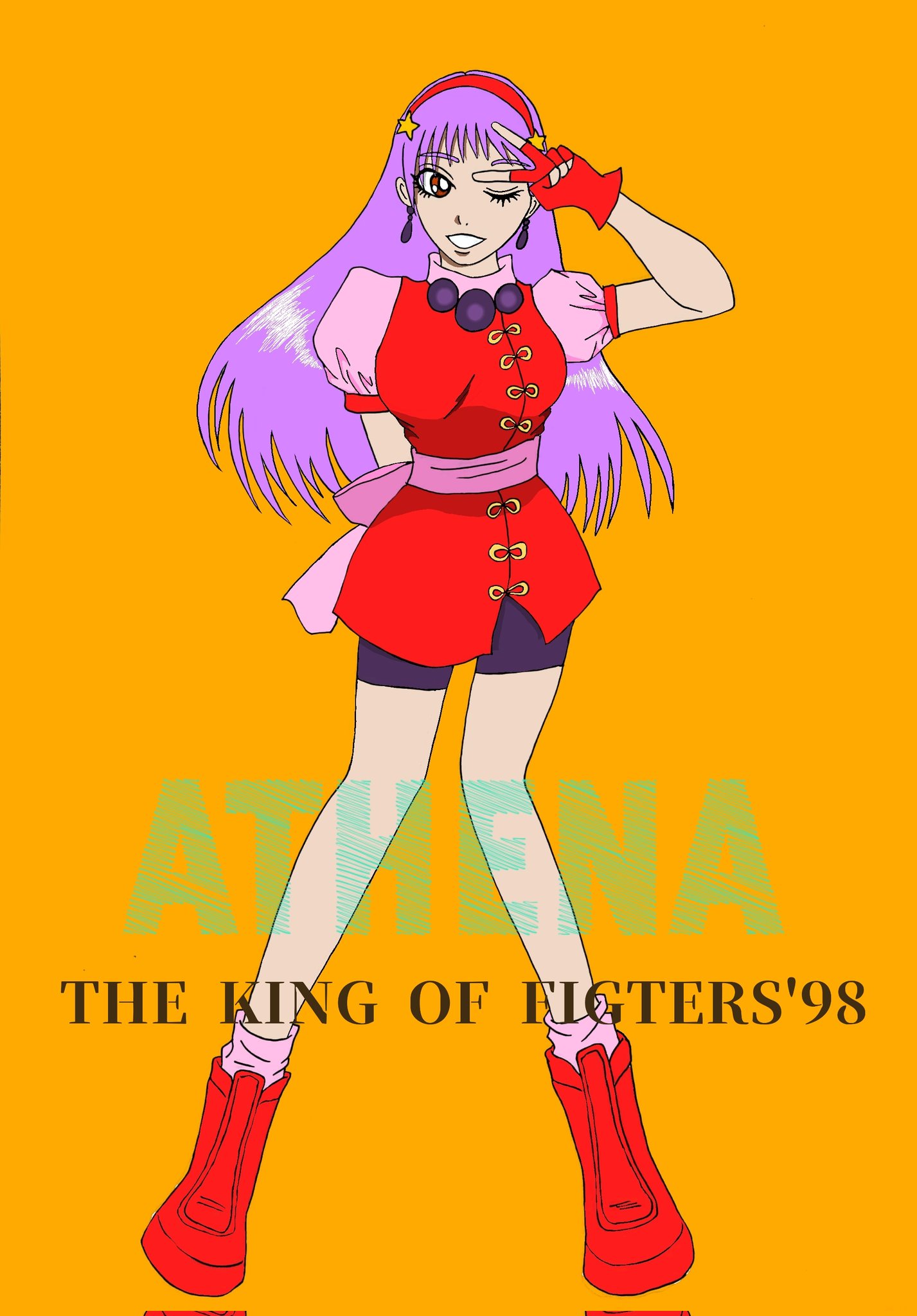 asamiya athena, the king of fighters, 1girl, breasts, brown eyes, dress, gloves, hairband, hand up, large breasts, long hair, one eye closed, pale skin, purple hair, shoes, shorts, skirt, smile, socks, standing, star (symbol), wink, yukari nesan