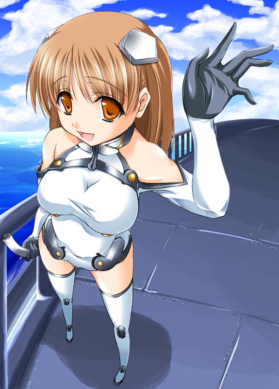 maho (yakimorokoshi), sakurano otoha, sky girls, alternate breast size, pilot suit, 00s, 1girl, :d, aged up, alternate breast size (larger), alternate hair length, alternate hairstyle, bare shoulders, boots, breasts, brown hair, cable, cloud, covered navel, day, elbow gloves, female focus, foreshortening, from above, full body, gloves, hair ornament, halterneck, hand up, headgear, large breasts, leotard, long hair, looking at viewer, mecha pilot suit, motion slit, motionslit, ocean, open mouth, orange eyes, outdoors, shadow, sky, smile, solo, standing, taut clothes, thighhighs, turtleneck, water, waving, white boots, white gloves, white thighhighs