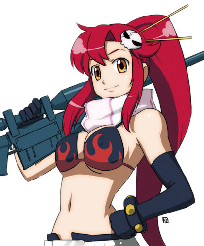 nagian, yoko littner, tengen toppa gurren lagann, 00s, 1girl, anti-materiel rifle, bikini, bikini top only, breasts, female focus, gloves, gun, hair ornament, large breasts, midriff, ponytail, red hair, rifle, scarf, shorts, sniper rifle, solo, striped clothes, striped scarf, swimsuit, weapon
