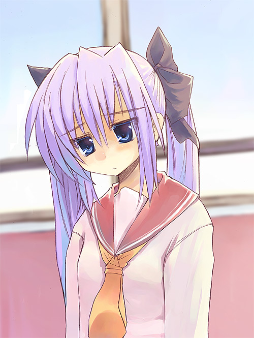 karamiti, hiiragi kagami, lucky star, eyebrows, 00s, 1girl, black ribbon, blue eyes, blush, female focus, hair ribbon, indoors, long hair, long sleeves, looking down, neckerchief, pink hair, ribbon, sad, sailor collar, school uniform, serafuku, shirt, solo, twintails, upper body, white shirt, window, yellow neckerchief