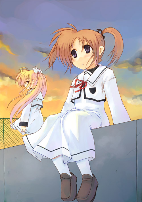 karamiti, fate testarossa, takamachi nanoha, lyrical nanoha, mahou shoujo lyrical nanoha, 00s, 2girls, blonde hair, blue eyes, blue sky, capelet, dress, emblem, full body, long sleeves, morning, multiple girls, outdoors, red ribbon, ribbon, school uniform, short hair, sitting, sky, standing, sunrise, twintails, white dress