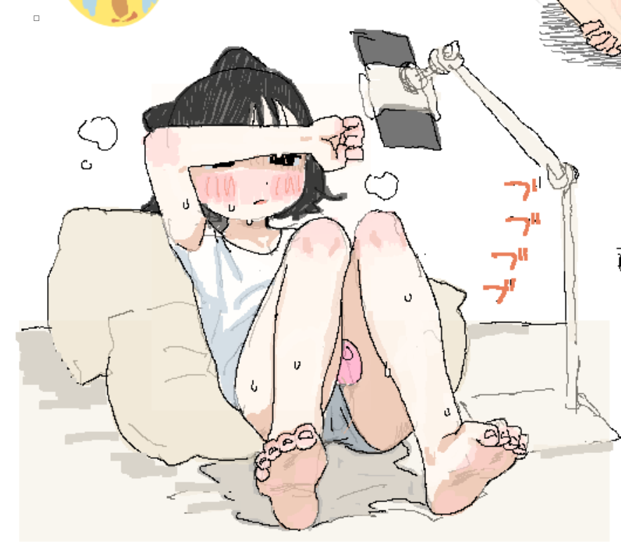 possummachine, original, 1girl, animal ears, artist self-insert, black eyes, black hair, blush, cat ears, feet, female masturbation, masturbation, medium hair, possi (possummachine), sex toy, sketch, solo, steam, steaming body, sweat, vibrator