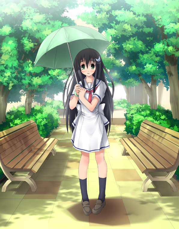 eikichi (artist), eikichi (mujirushi shounen), chiyokawa rin, amesarasa, 1girl, black hair, day, dress, female focus, green eyes, hair ornament, hairclip, long hair, outdoors, park, sailor dress, school uniform, serafuku, solo, tree, umbrella