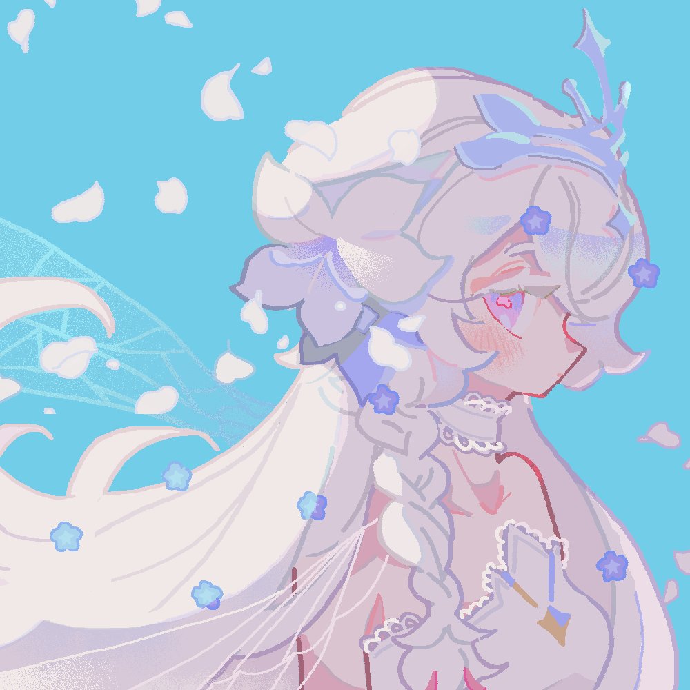 reed, white lily cookie, white lily cookie (moonflower faerie), cookie run, cookie run: kingdom, white lily, commentary, symbol-only commentary, 1girl, arms at sides, bare shoulders, blue background, blue eyes, blue flower, blush, braid, breasts, choker, closed mouth, collarbone, colored eyelashes, dress, expressionless, film grain, flower, from side, gradient eyes, hair flower, hair ornament, humanization, lace, lace-trimmed choker, lace-trimmed dress, lace trim, long hair, multicolored eyes, official alternate costume, official alternate hairstyle, petals, pink eyes, profile, red pupils, side braid, silver tiara, simple background, single braid, small breasts, solo, strapless, strapless dress, two-tone eyes, upper body, very long hair, white choker, white dress, white eyelashes, white hair, white petals
