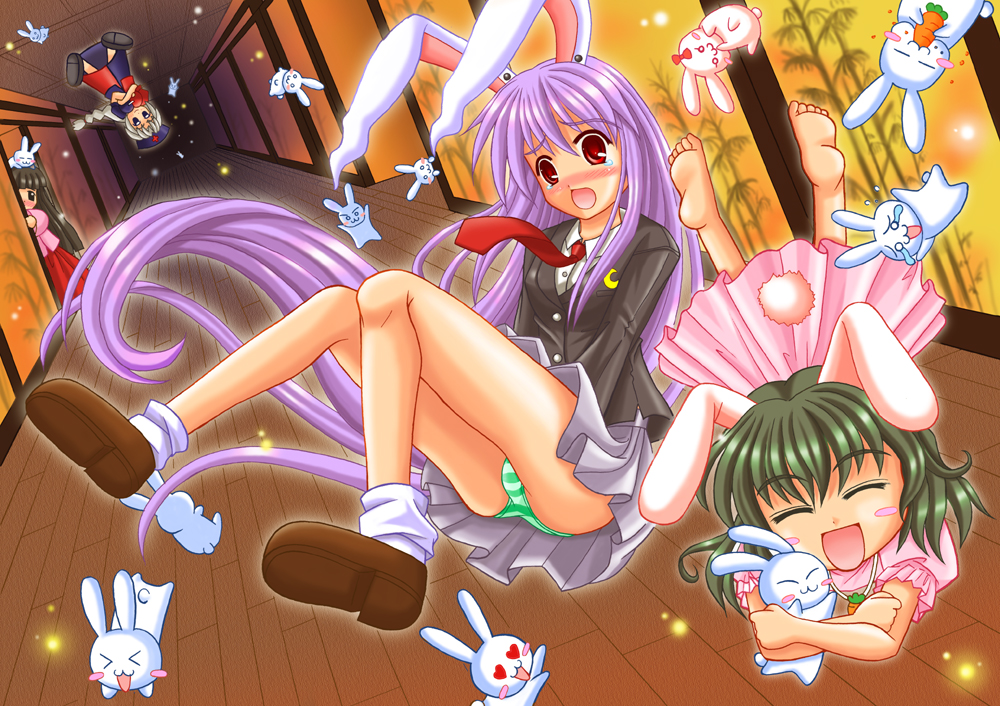 utsubo kazura, inaba tewi, reisen udongein inaba, yagokoro eirin, touhou, 4girls, dress, female focus, indoors, multiple girls, panties, school uniform, serafuku, skirt, underwear
