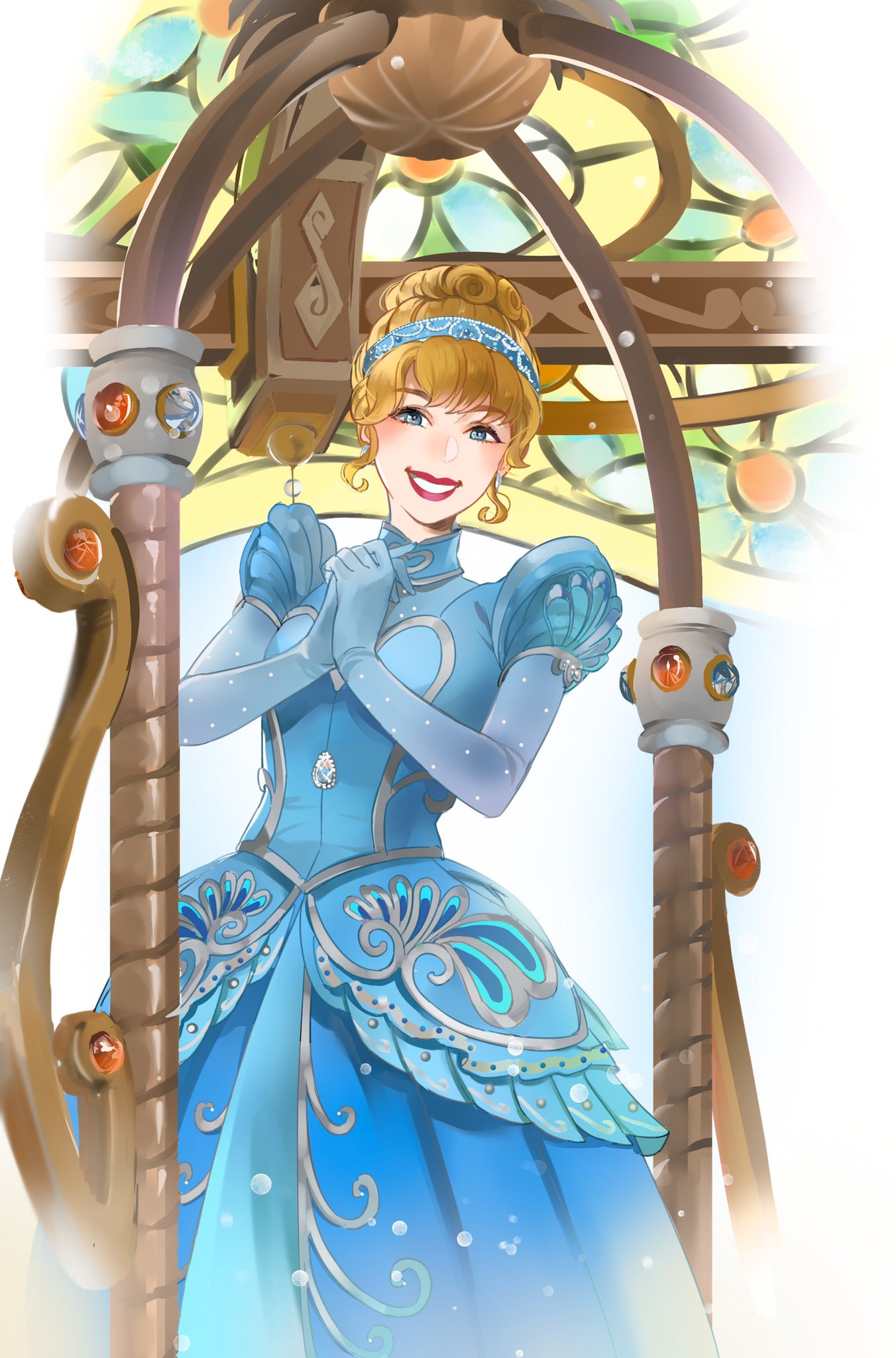ano (sbee), cinderella (disney character), cinderella (disney movie), disneyland, highres, 1girl, ball gown, blonde hair, blue dress, blue eyes, dress, earrings, elbow gloves, gloves, gown, hair bun, hairband, jewelry, looking at viewer, princess, princess dress, short hair, smile, solo